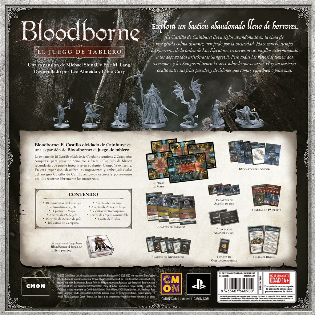 Caja de juego de mesa con figuras y cartas, que representa Bloodborne: The Board Game. Tema oscuro con arte gótico.