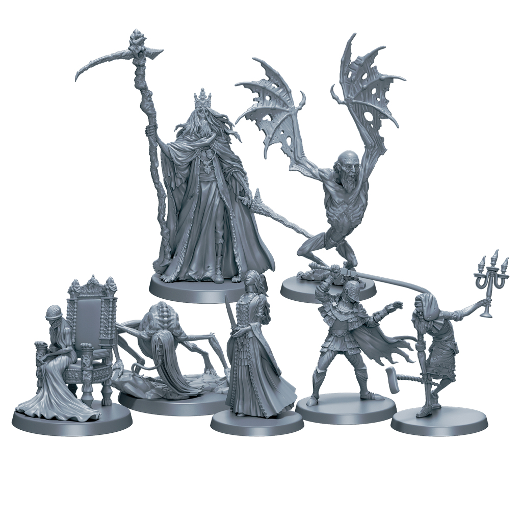 Figuras grises de personajes de fantasía, incluyendo un rey, un demonio alado, un caballero y otros sobre bases circulares.