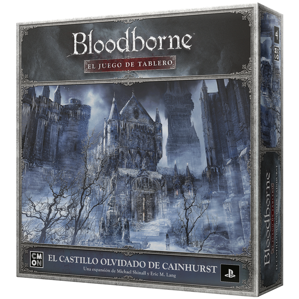 Caja de juego de mesa de Bloodborne. Muestra un castillo gótico oscuro con una figura solitaria. El título está en español.