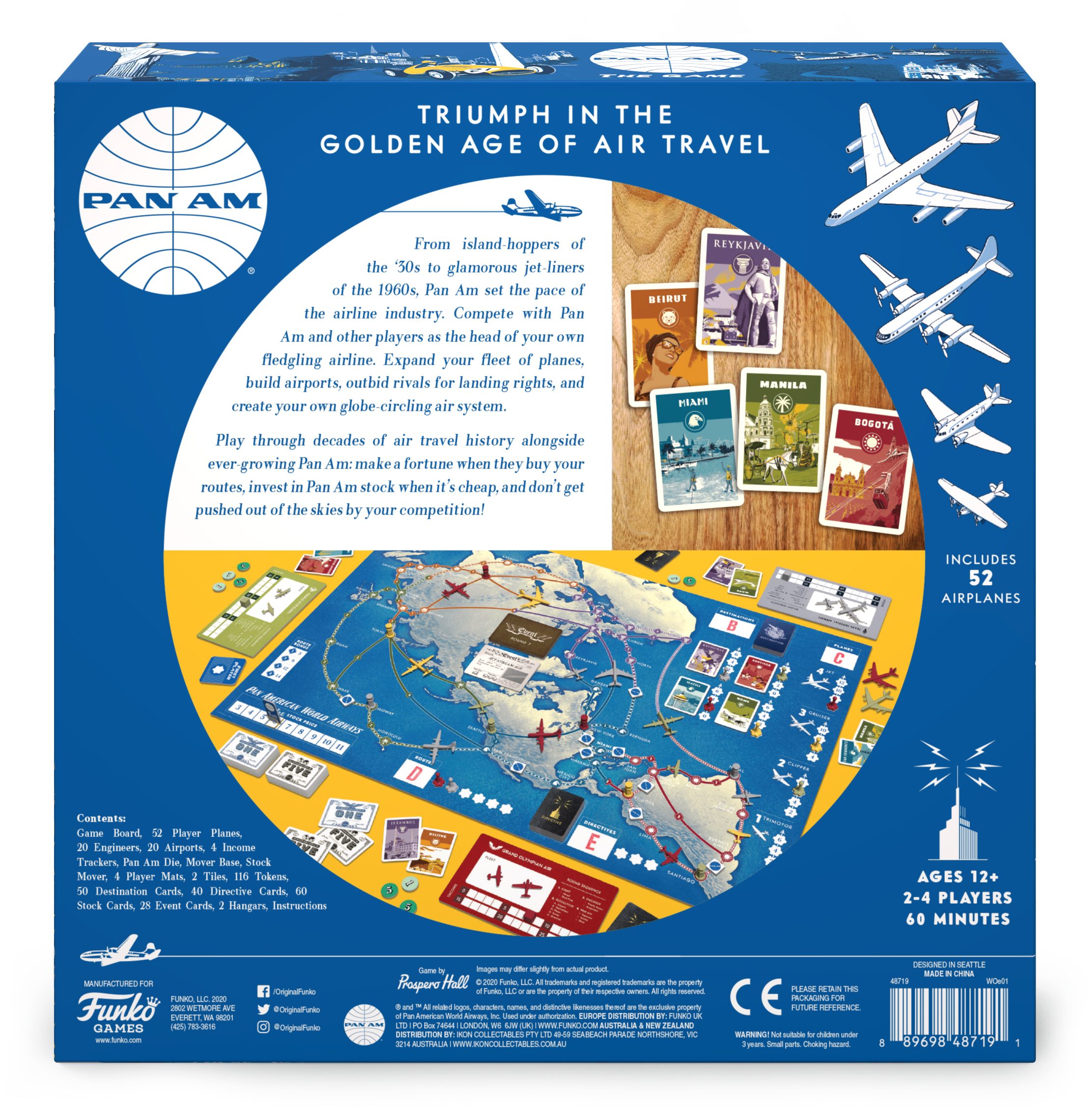 Schachtelkunst für das Pan Am Brettspiel. Zeigt Flugzeuge, Weltkarte und Pan Am Logo mit Text.
