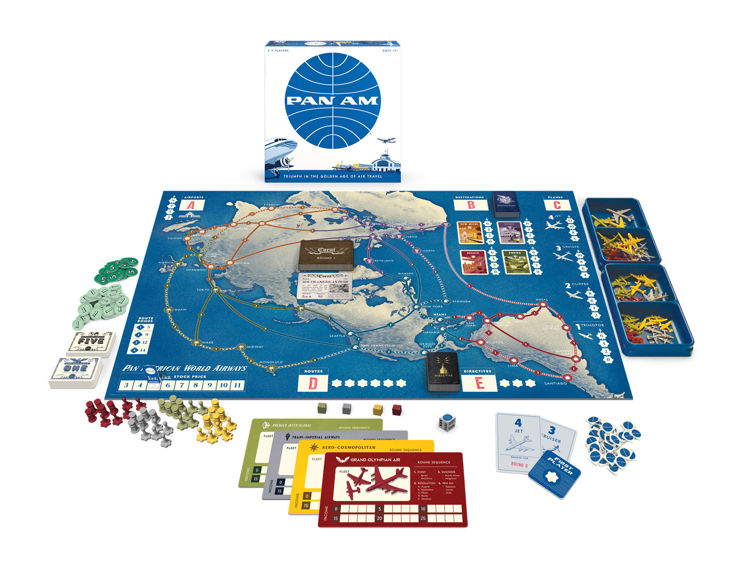 Ein Pan Am Brettspiel mit Weltkarte, Flugzeugen, Karten und Spielsteinen. Oben befindet sich eine Schachtel mit dem Pan Am Logo.