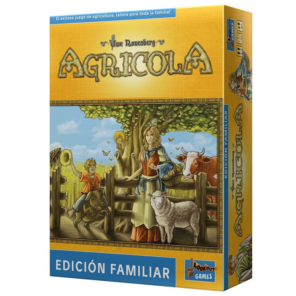 Ilustración de la caja del juego de mesa Agricola. Muestra a una familia en una granja. Una mujer, un niño, una vaca y una oveja están en la escena.