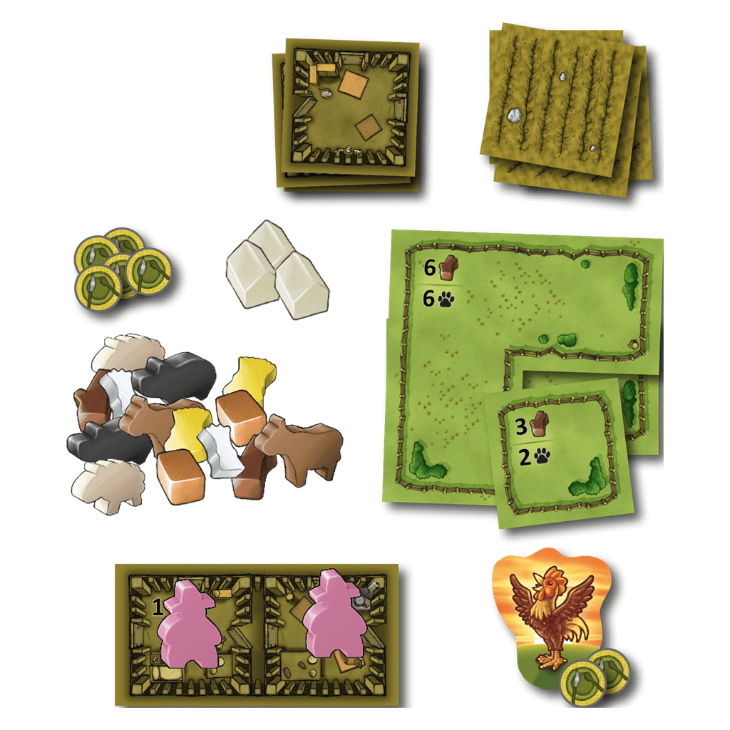 Un tablero de juego con varios componentes: figuras de animales, fichas de construcción, fichas de recursos y fichas de tierras de cultivo. También hay un gallo y un sol.