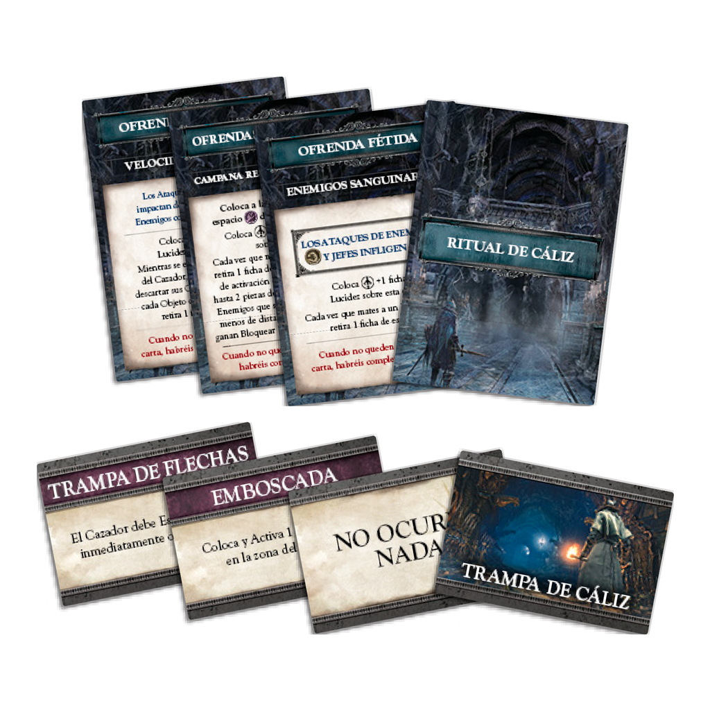 Se muestran cartas de un juego de mesa. Incluyen texto en español e imágenes de una mazmorra y personajes.