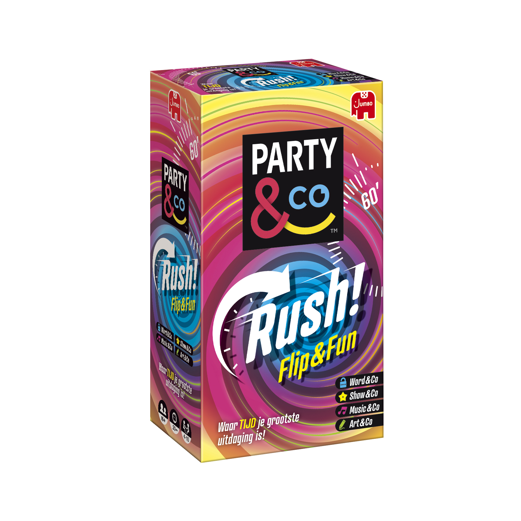 Een kleurrijke doos van het spel Party & Co Rush! Flip & Fun. Het heeft tekst en logo's, met een witte pijl.
