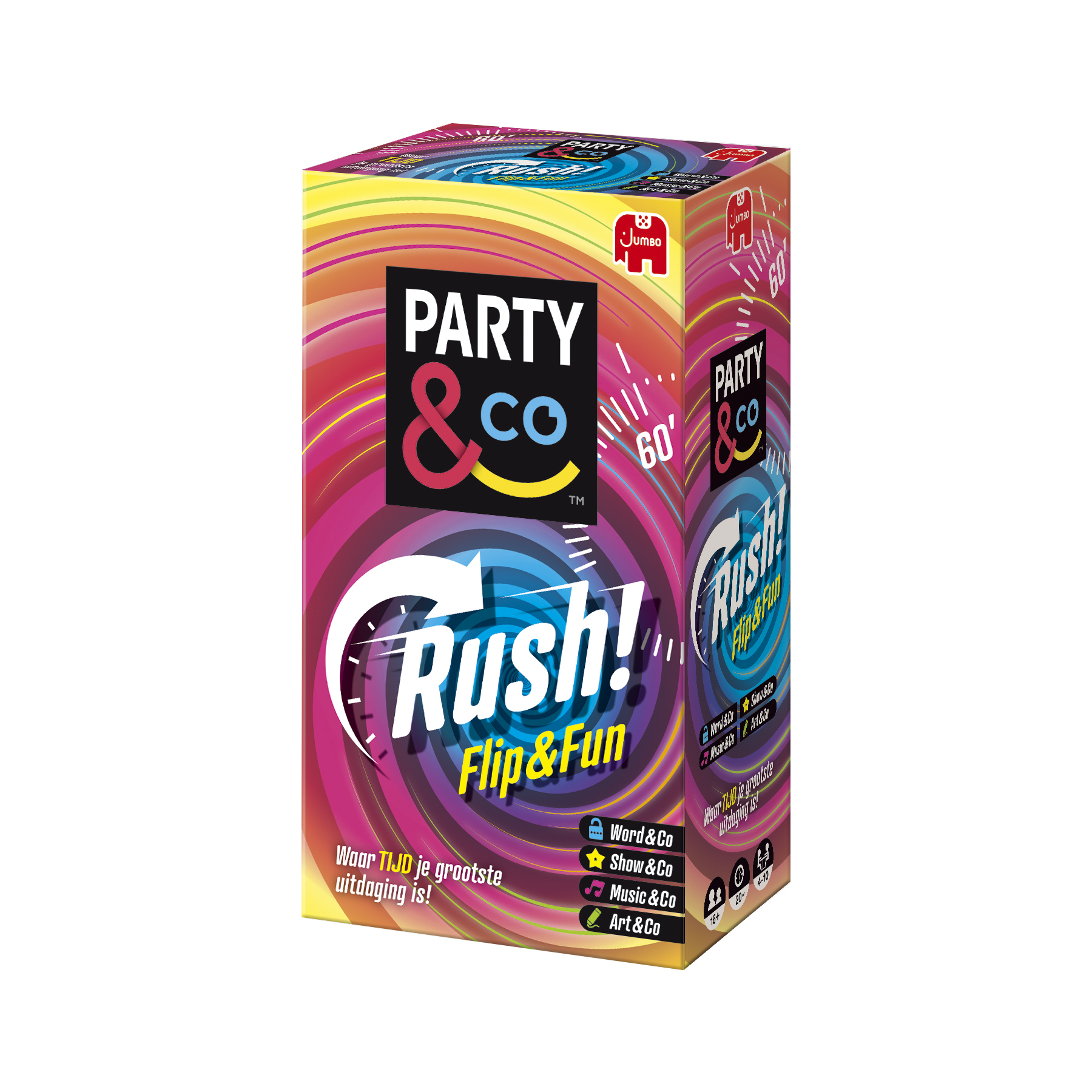 Een speldoos getiteld 'PARTY & CO Rush! Flip & Fun' met kleurrijke graphics en tekst, inclusief een klok.