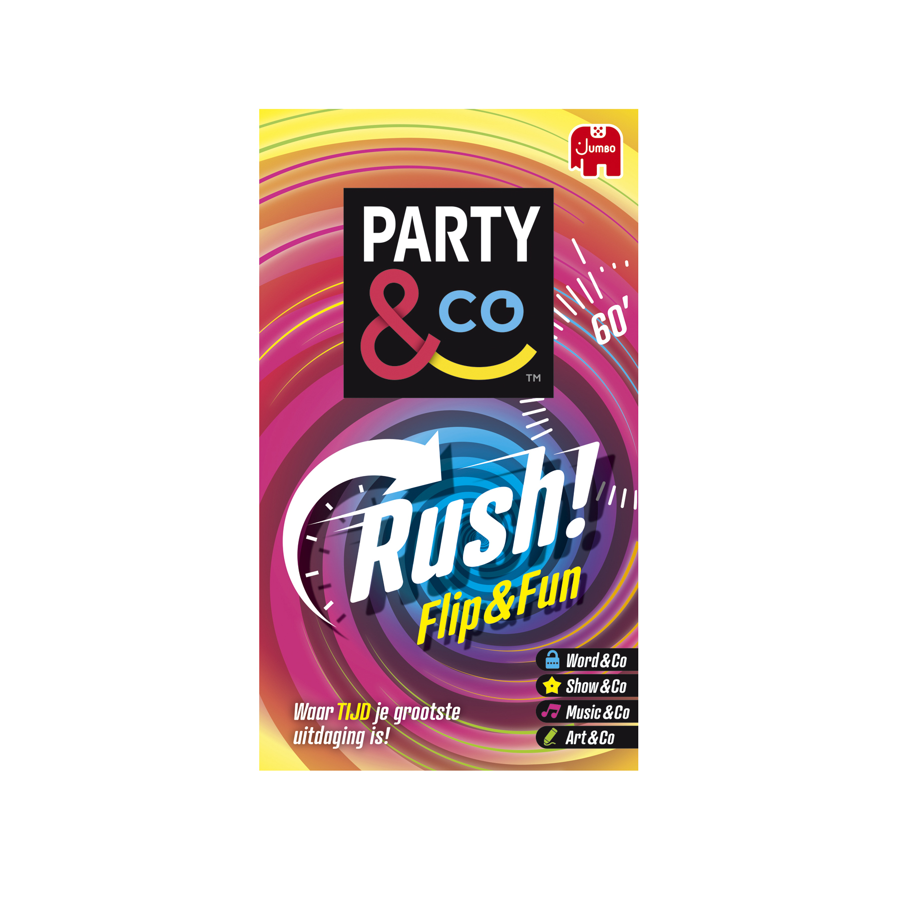 Party & Co Rush gamebox. Het ontwerp is kleurrijk met tekst, een klok en spelcategorieën.