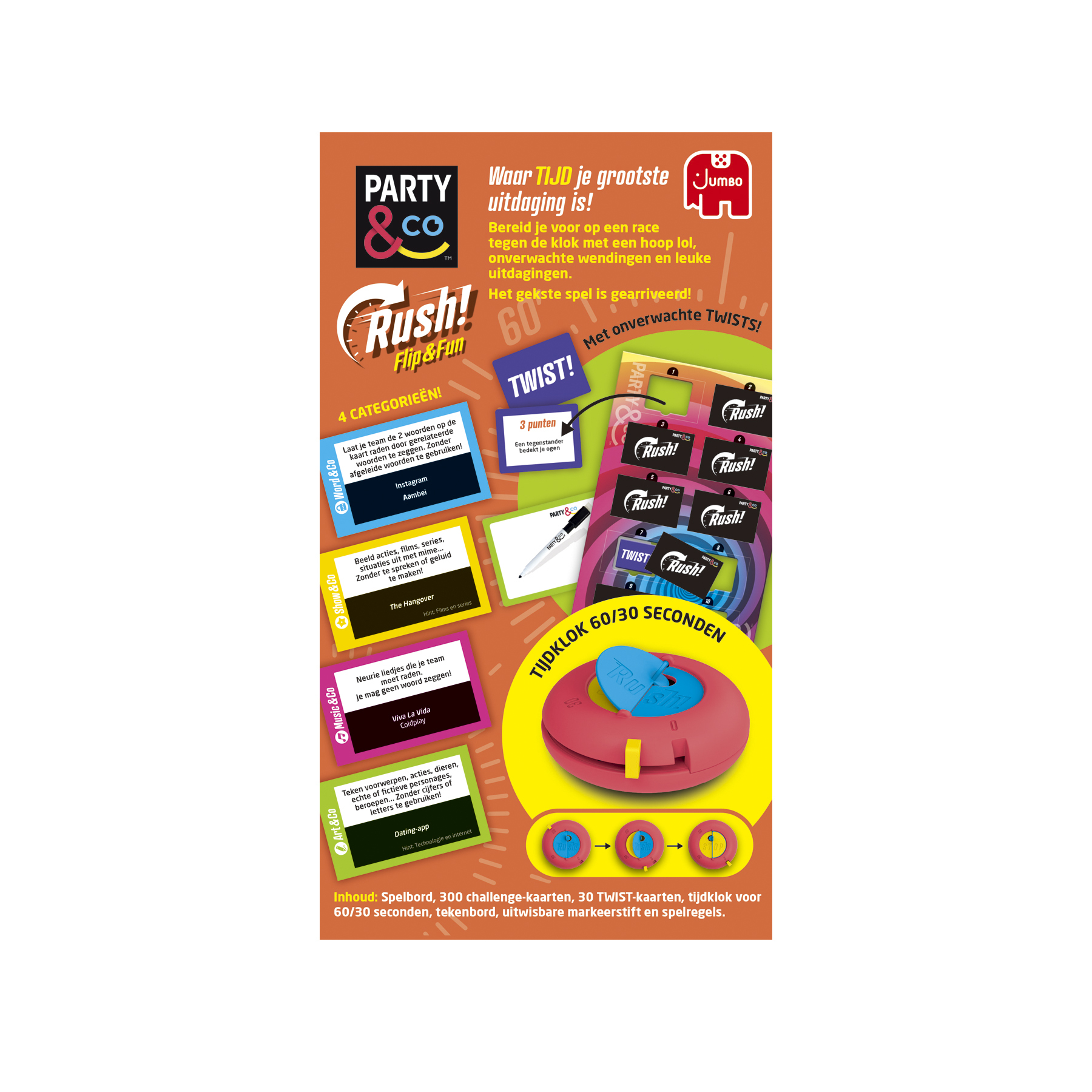 Een bordspel genaamd 'Party & Co Rush!' met kaarten, een timer en instructies, met een Jumbo-logo.
