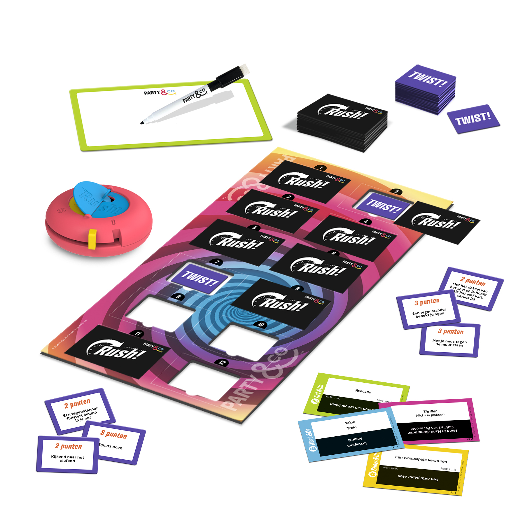 Bordspel met kaarten en een timer. Inclusief spelbord, kaarten Rush! en Twist!, en een Party & Co whiteboard.