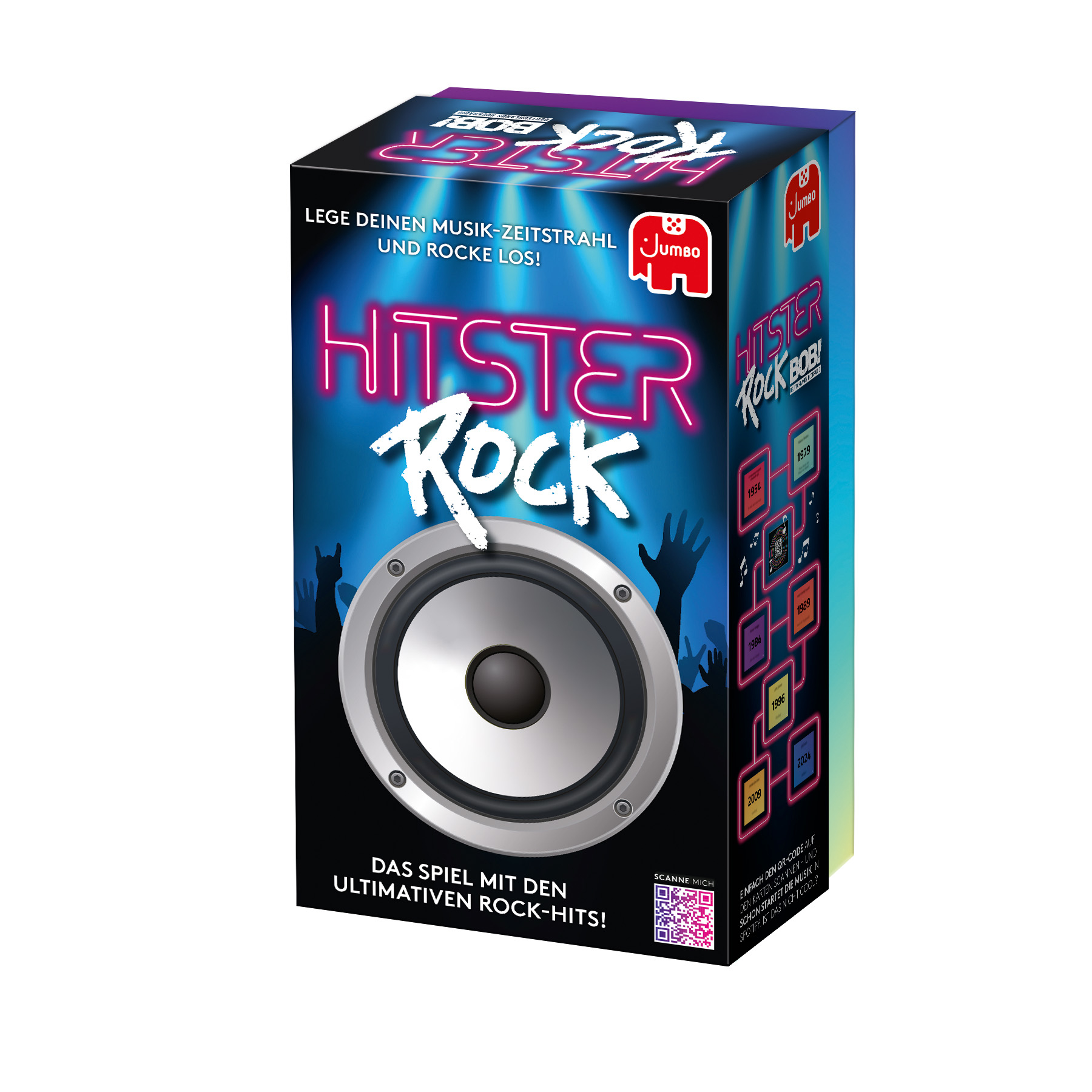 Grafica della scatola di un gioco. Dice 'Hitster Rock' con un grafico di altoparlante e sagome di persone.