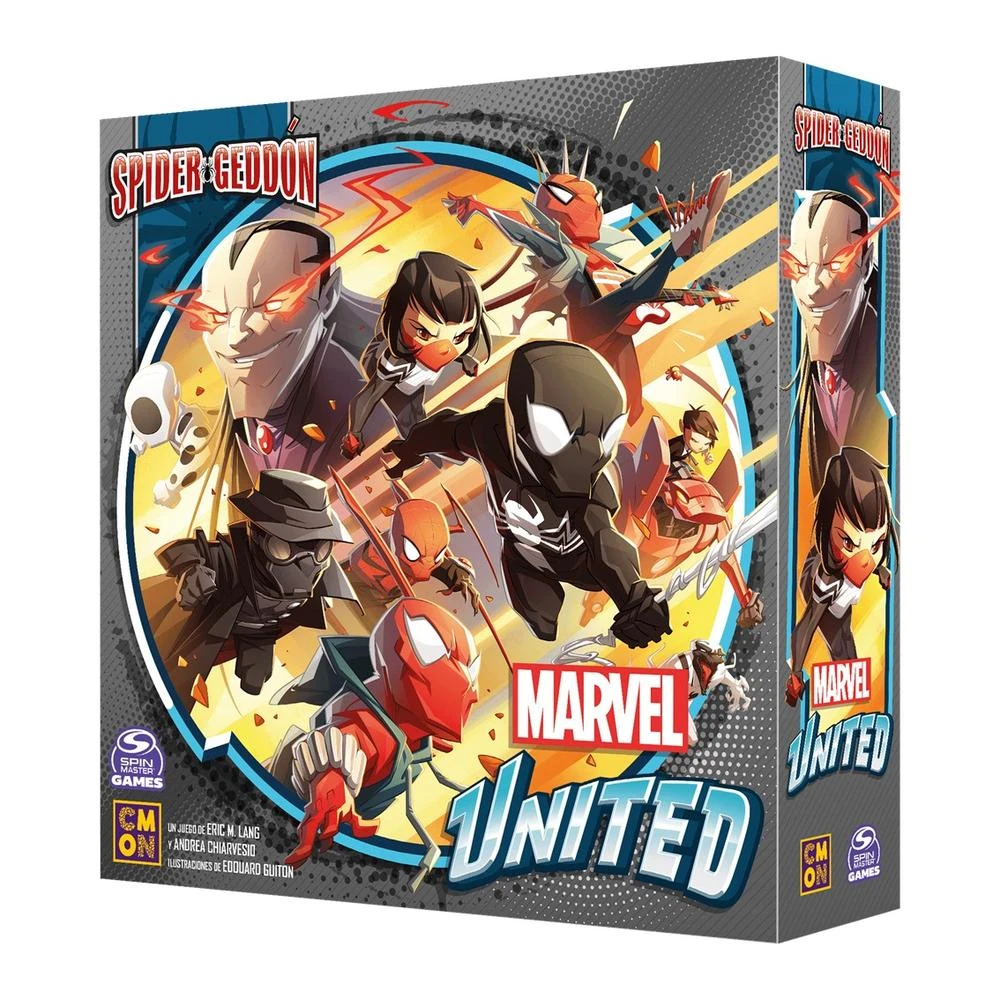 Una caja de juego para Marvel United: Spider-Geddon. Presenta varios personajes y villanos de Spider-Man en poses dinámicas, con letras en negrita.