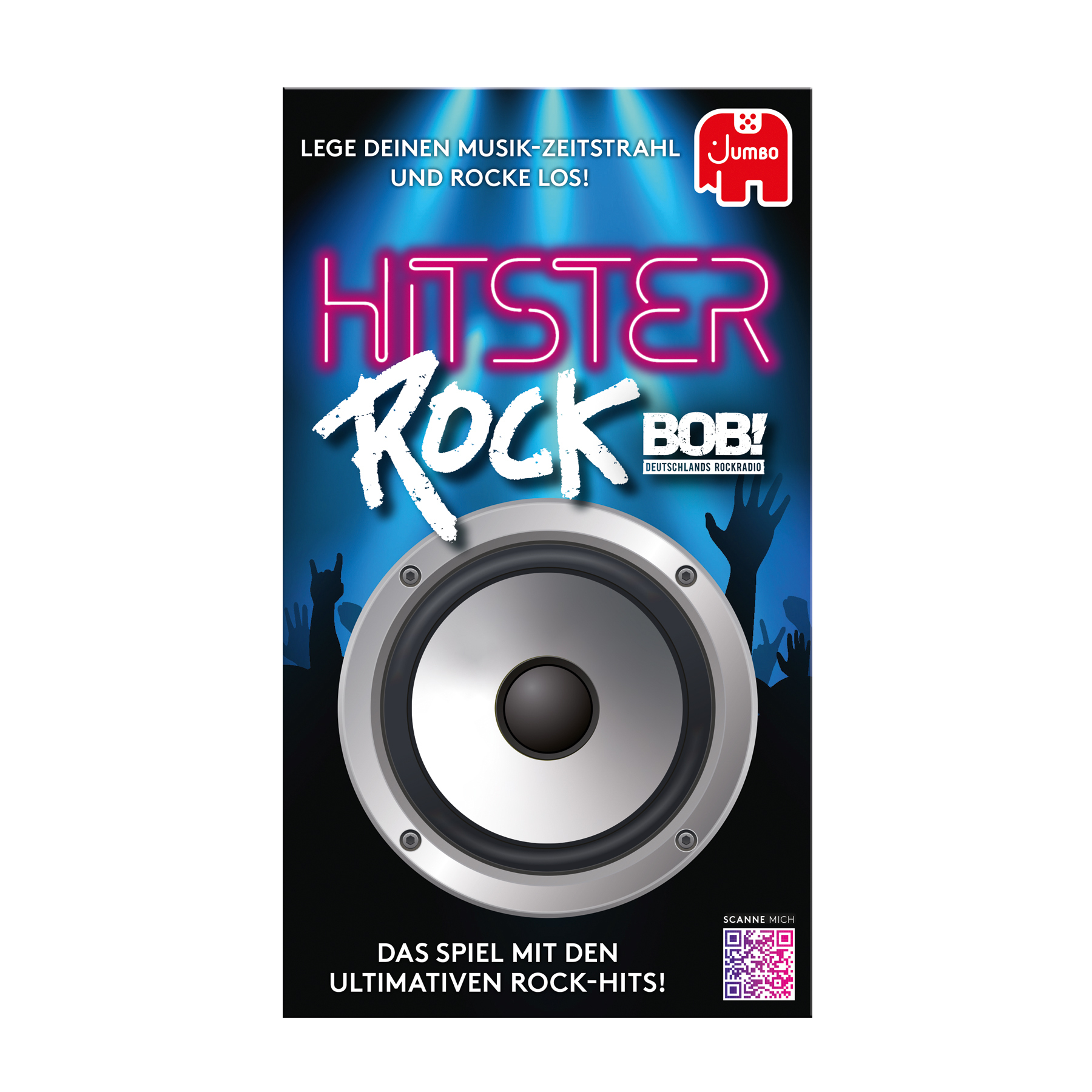 Poster con testo 'Hitster Rock', grafica dell'altoparlante e logo Jumbo. Tema musicale rock con mani alzate.