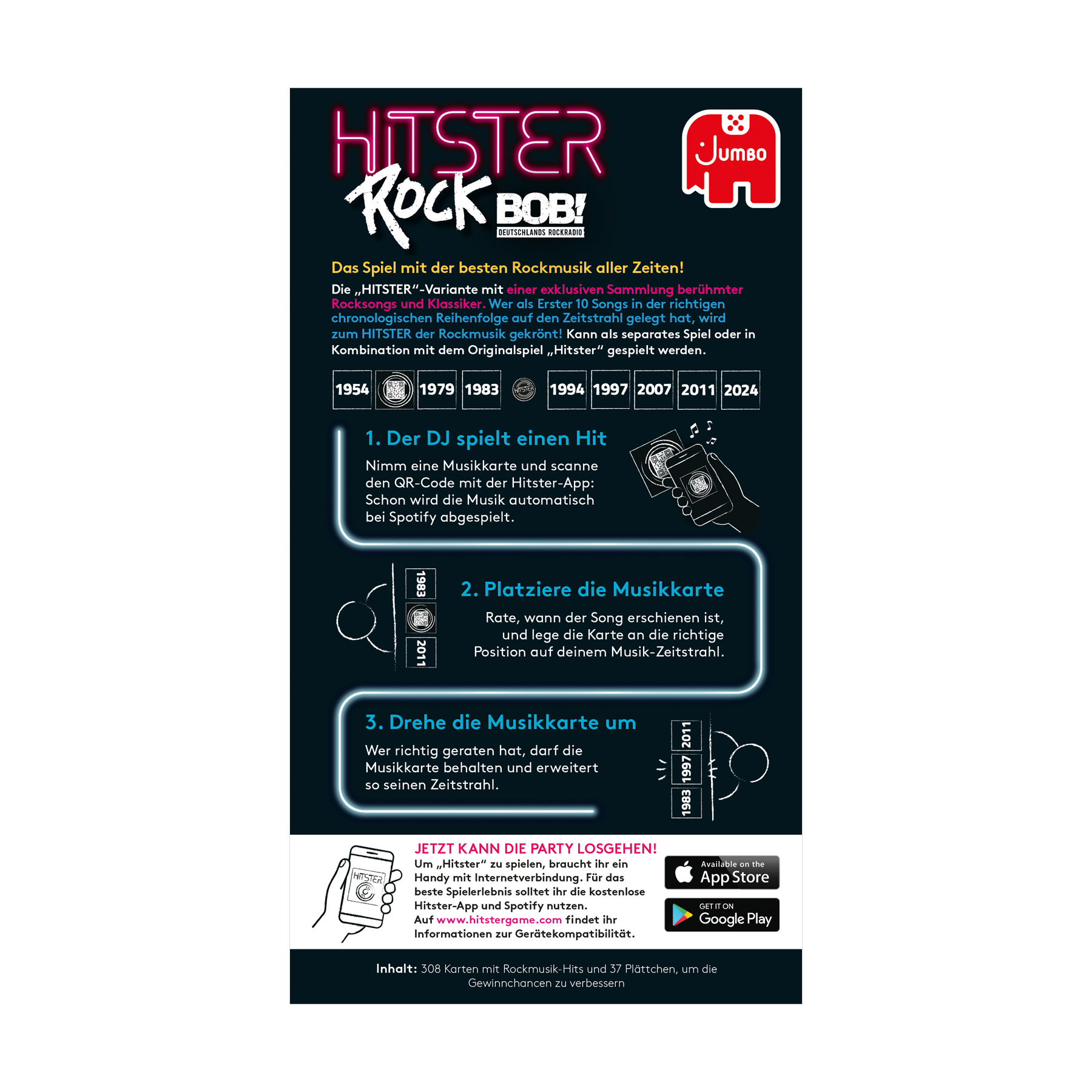 Poster per il gioco Hitster Rock Bob. Contiene istruzioni, loghi, una timeline e link per il download dell'app.