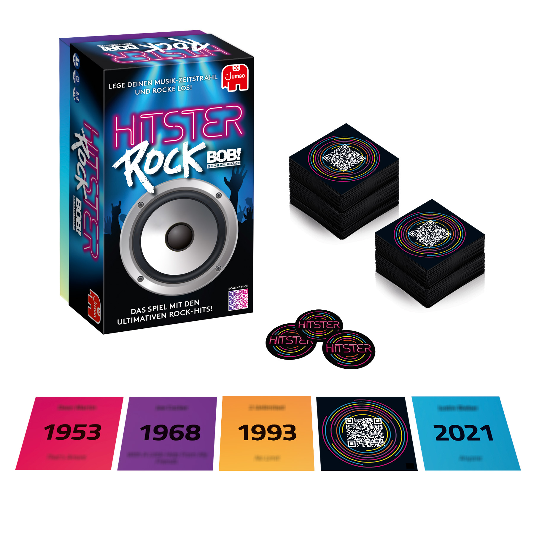 L'immagine mostra una scatola di gioco, carte e gettoni. Il testo recita 'Hitster Rock Bob!'