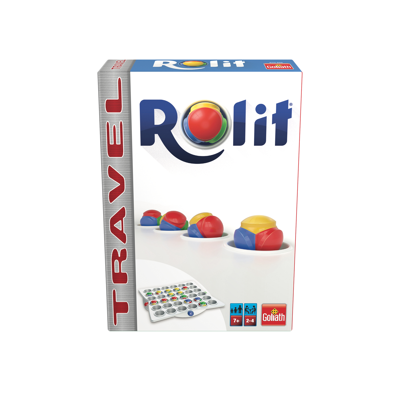 Die Schachtel des Rolit-Reisespiels. Sie enthält die Spielsteine, das Spielbrett und die Alters- und Spielernummern.