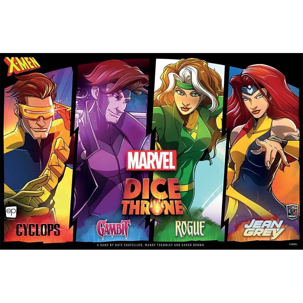 Marvel Dice Throne-Brettspielbox. Cyclops, Gambit, Rogue und Jean Grey sind abgebildet. Text enthält Spieletitel und Erstellernamen.