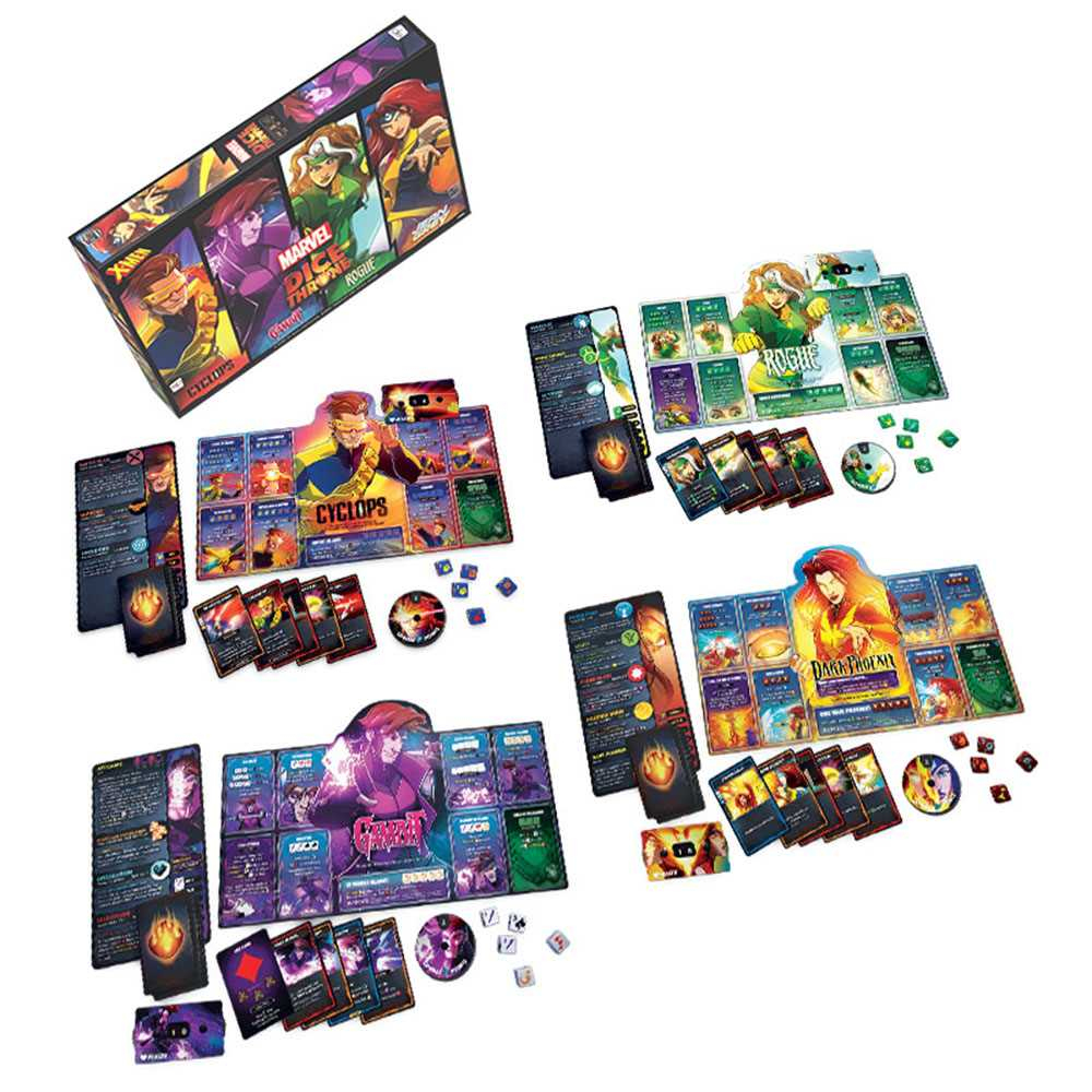 Marvel Dice Throne Brettspielset. Schachtel und einzelne Charaktertafeln mit Karten, Würfeln und Spielsteinen sind sichtbar.