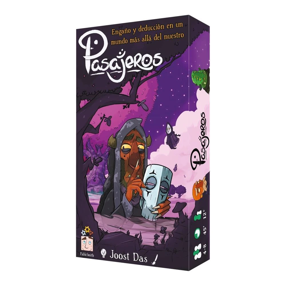 Caja de juego titulada 'Pasajeros'. La ilustración presenta una criatura sosteniendo una máscara, con un cielo nocturno púrpura y árboles. Texto en español.
