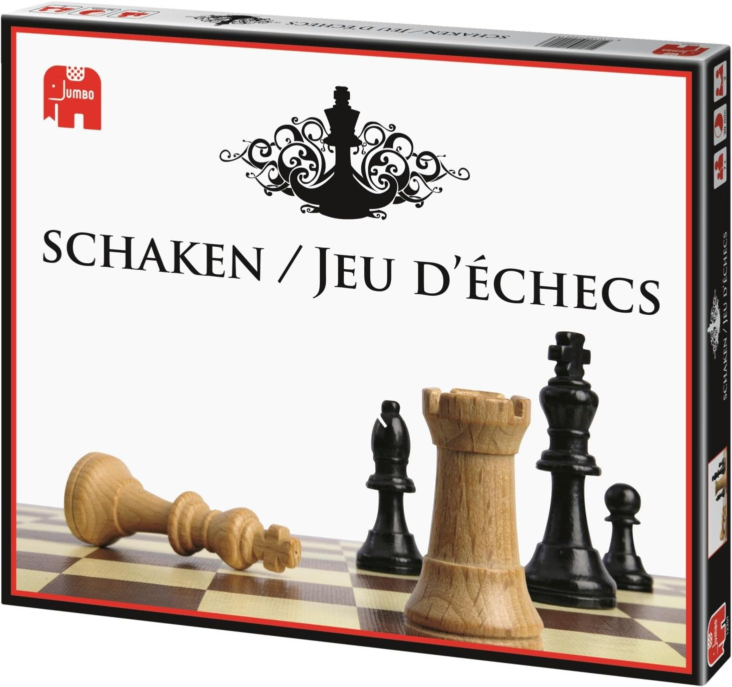 Caja de ajedrez con piezas de ajedrez. El rey está derribado. La caja tiene el texto SCHAKEN / JEU D'ÉCHECS.