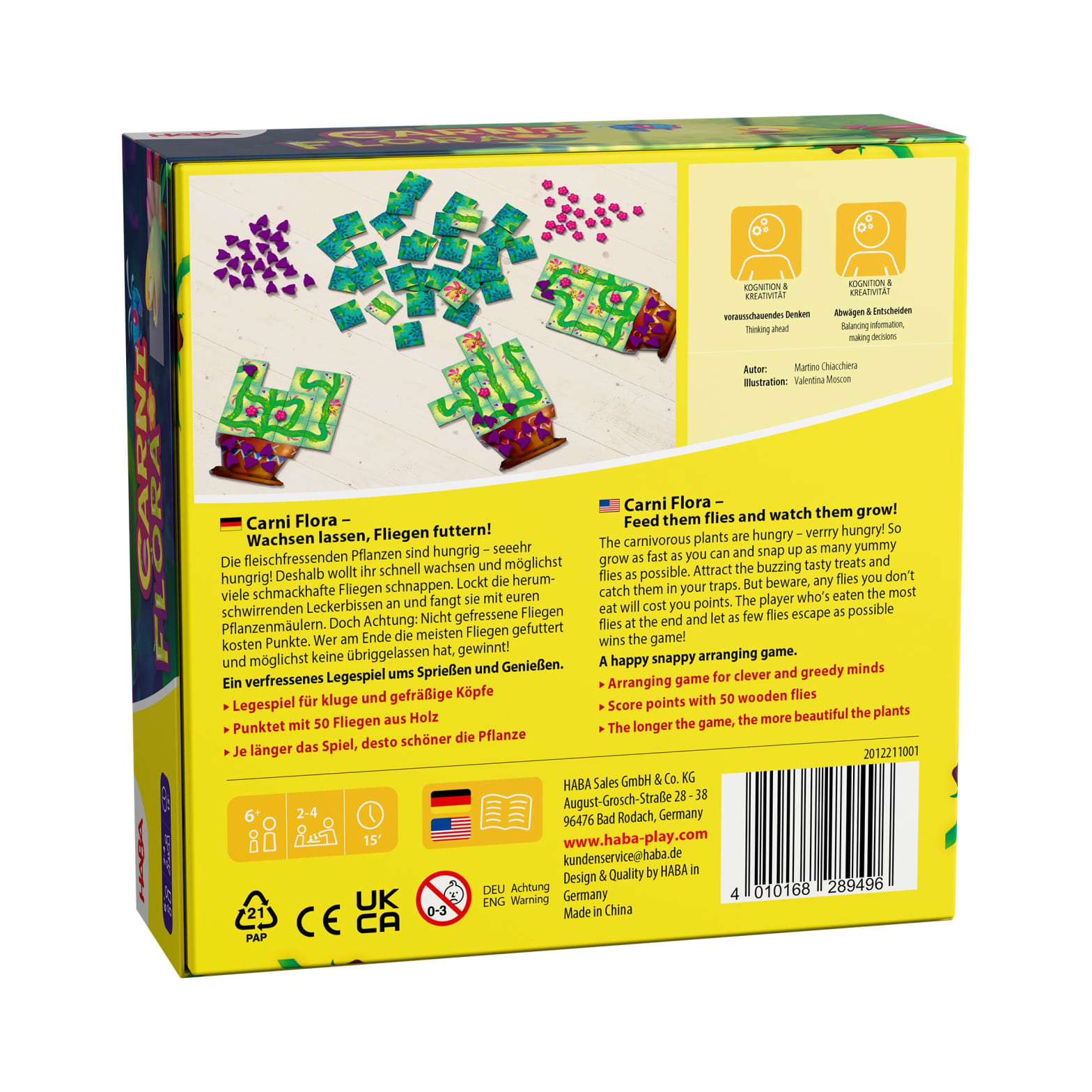 Schachtelkunst für das Brettspiel Carni Flora. Enthält Pflanzen, Spielsteine und Text auf Englisch und Deutsch.