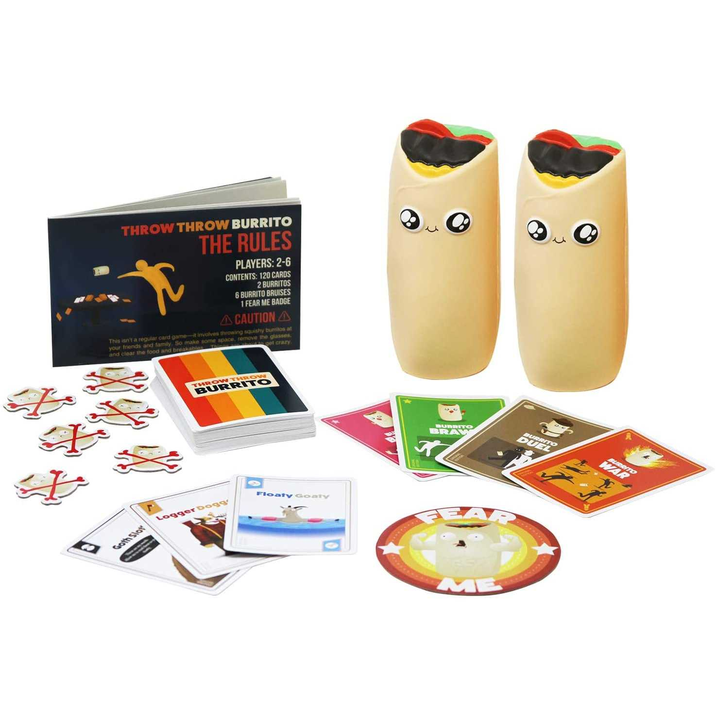 Ein 'Throw Throw Burrito' Spielset. Es beinhaltet Karten, zwei Spielzeug-Burritos, ein Abzeichen und Spielsteine auf weißem Untergrund.