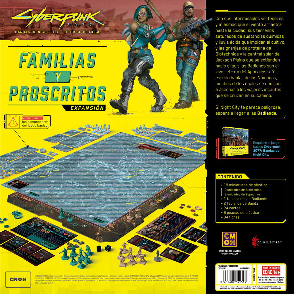 Cyberpunk 2077 Spielbox mit Figuren, Spielbrett und Komponenten. Der Titel lautet 'FAMILIAS Y PROSCRITOS'. Enthält Miniaturen und Karten.