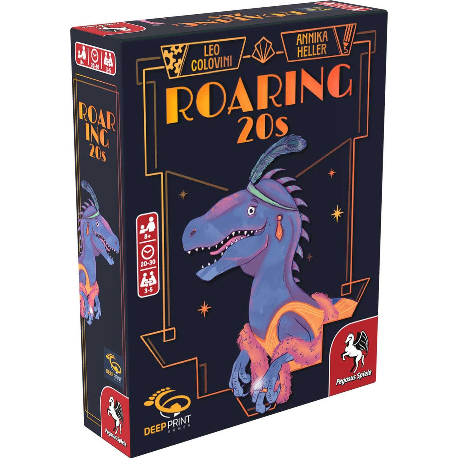 Spielbox 'Roaring 20s'. Zeigt einen blauen Dinosaurier mit Feder, Text und Logos auf dunklem Hintergrund mit goldenen Akzenten.
