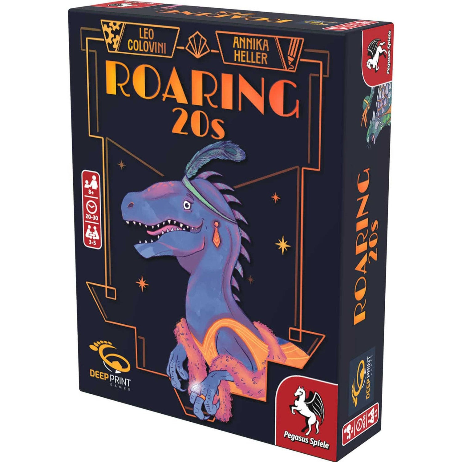 Brettspielbox mit dem Titel 'Roaring 20s'. Enthält eine blaue, drachenartige Figur. Text enthält den Namen und die Autoren des Spiels.