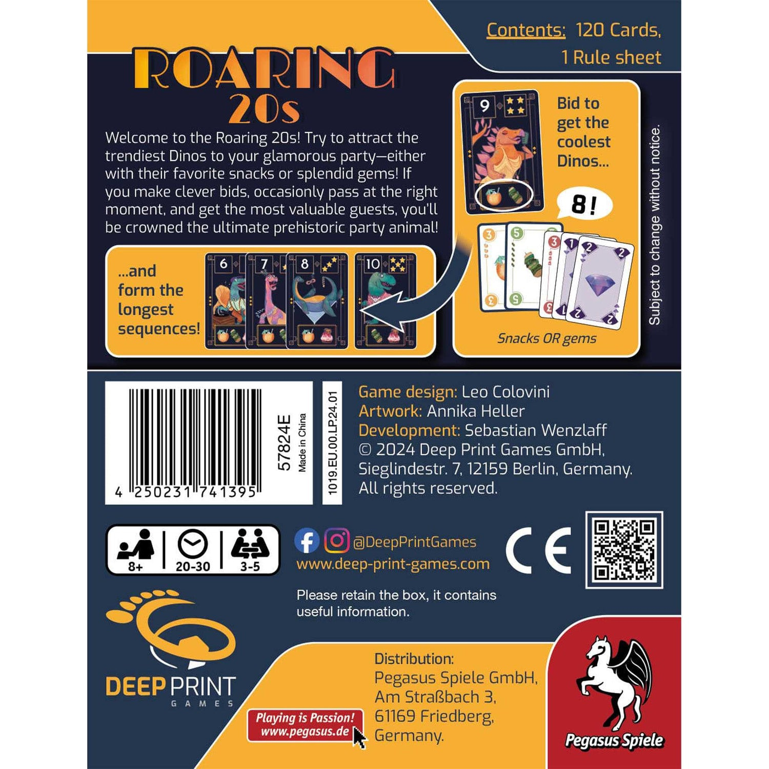 Kartenspielbox. Titel 'Roaring 20s'. Zeigt Karten mit Dinosauriern und Edelsteinen. Enthält den Namen und Details des Spiels.