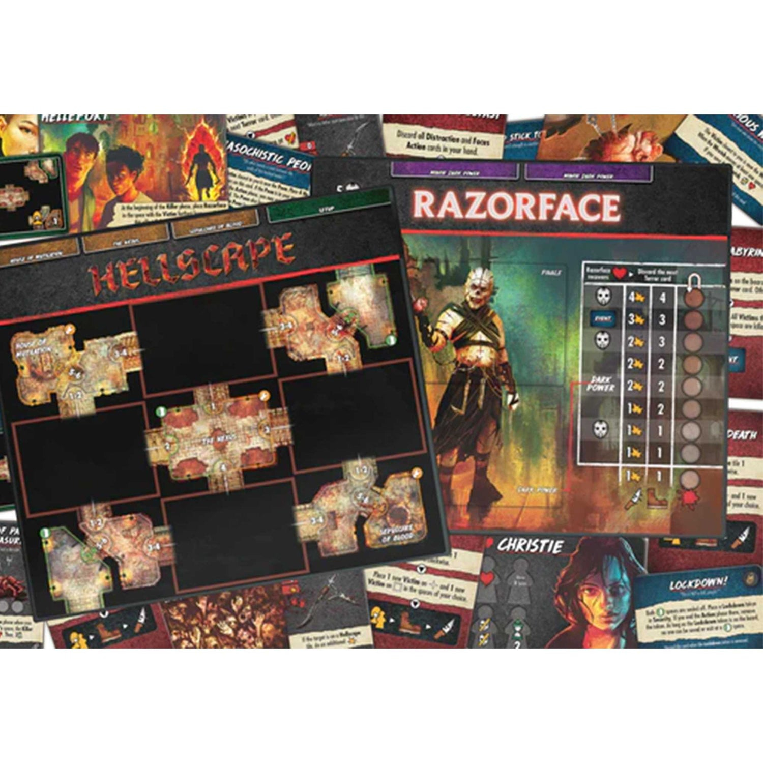 Brettspielkomponenten: eine Karte mit der Aufschrift 'Hellscape', eine Charakterkarte 'Razorface' und mehrere kleinere Karten.