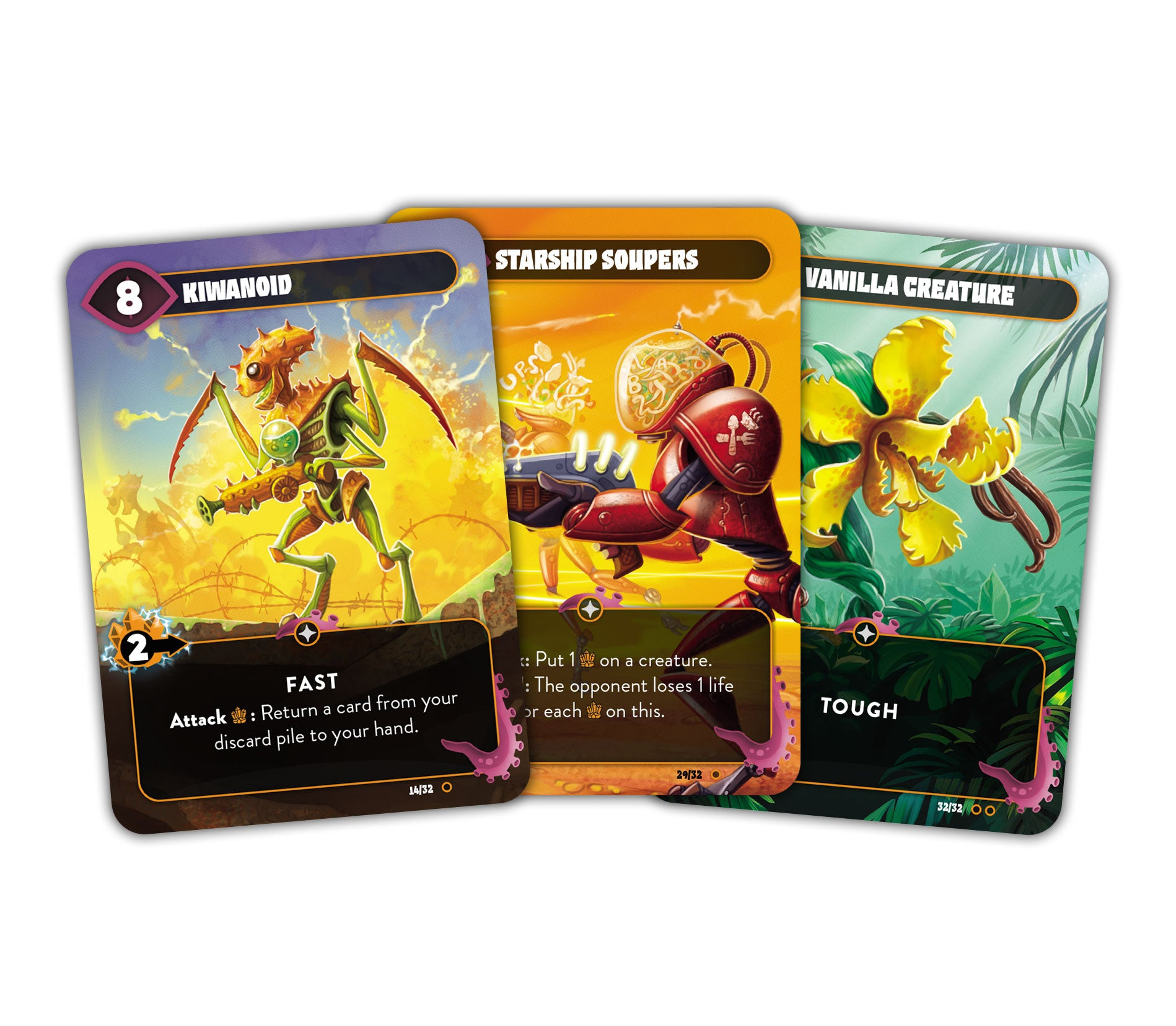 Drei Spielkarten. Ein Kiwanoid, ein Starship Soupers und ein Vanilla Creature werden angezeigt. Jede Karte hat ein anderes Design und einen anderen Namen.