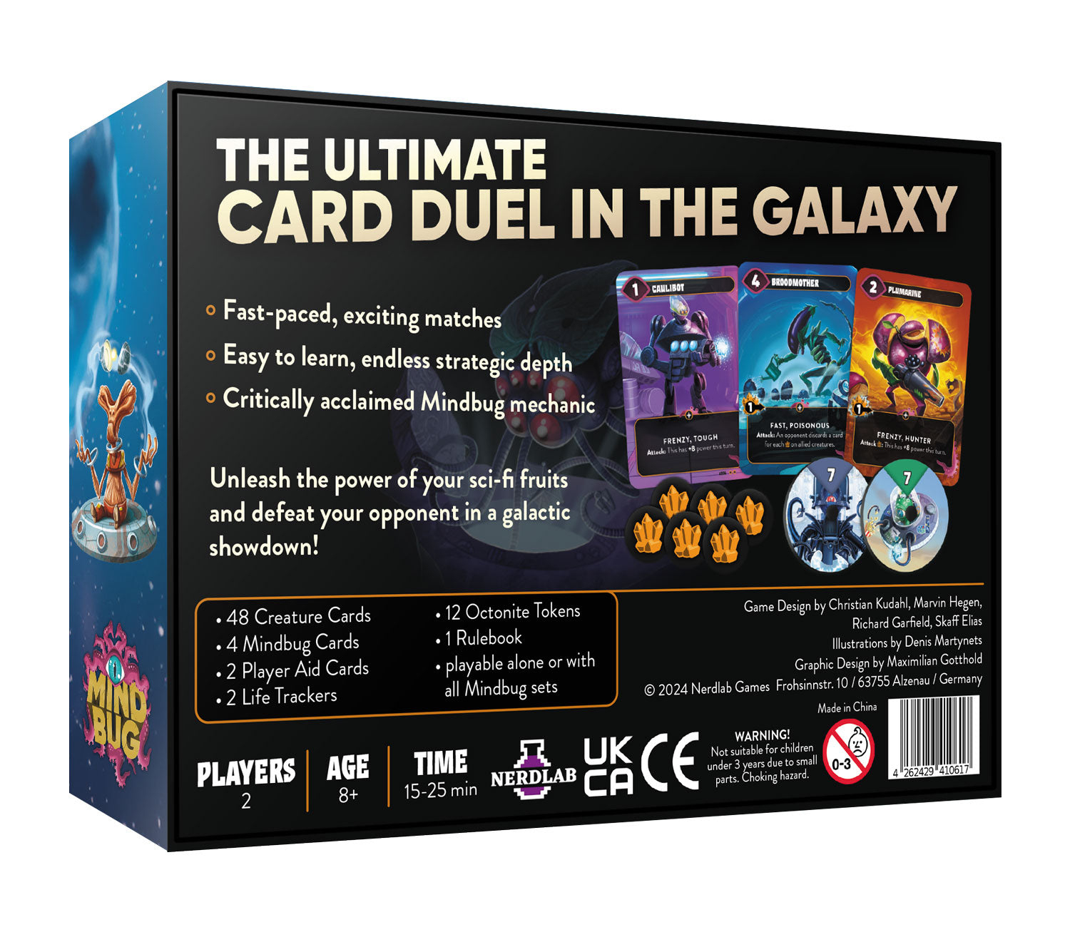 Kartenspielbox. Text lautet 'The Ultimate Card Duel in the Galaxy'. Enthält Kartenbilder, Spieldetails und Altersangaben.