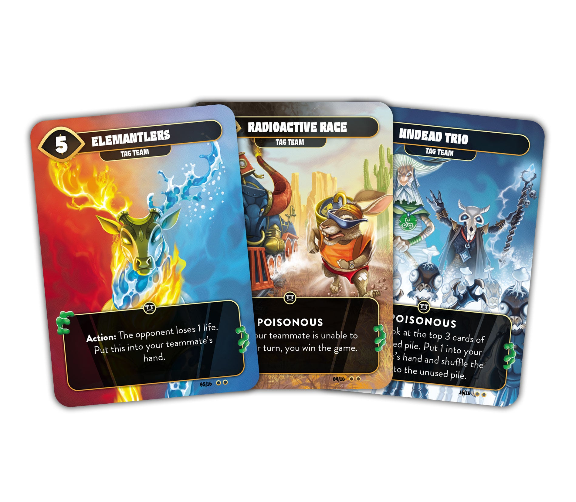 Drei Spielkarten. Elementlers-Karte zeigt ein brennendes und eisiges Tier. Radioactive Race zeigt einen Hasen. Undead Trio hat untote Figuren.