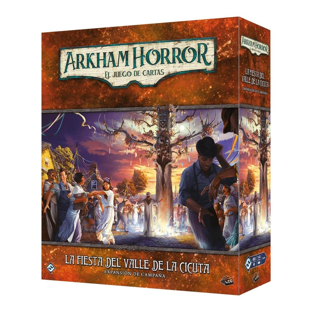 Box-Art für das Arkham Horror Kartenspiel. Es zeigt eine festliche Szene mit Menschen, Bäumen und Gebäuden. Text enthält Spieltitel und Erweiterungsnamen.