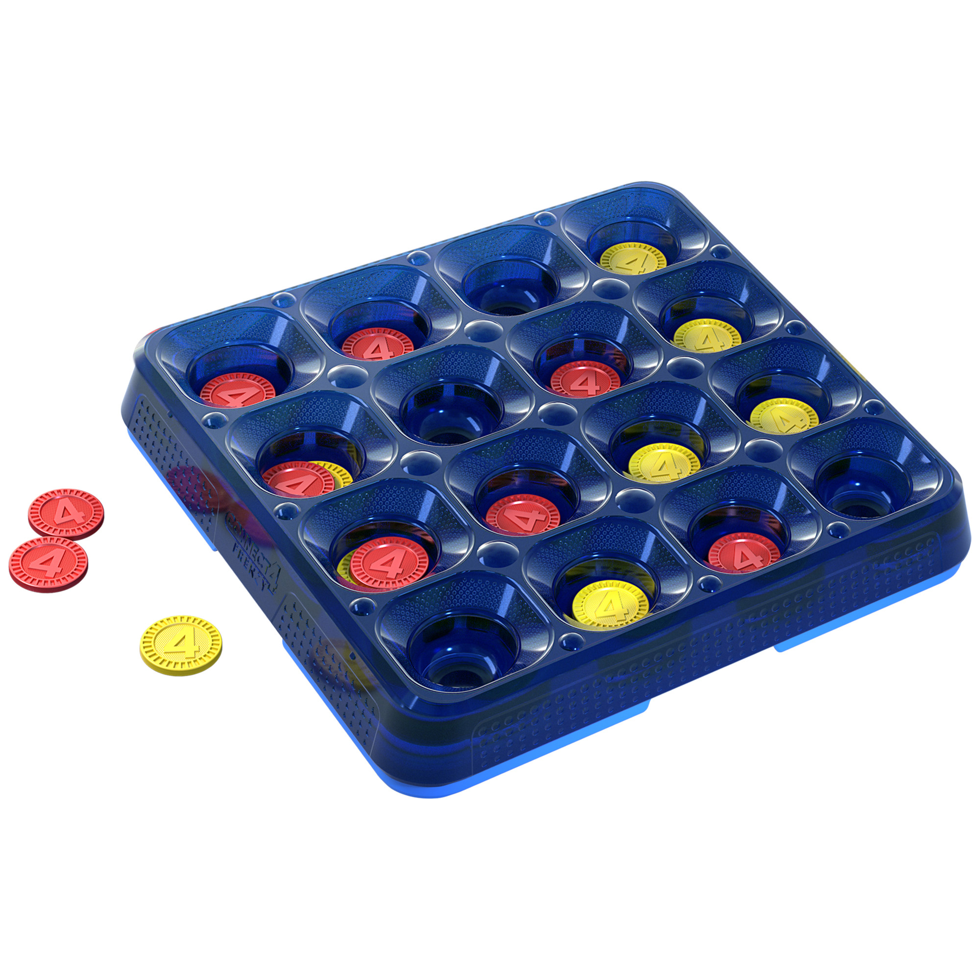 Ein Connect-4-Spiel mit roten und gelben Spielsteinen. Das Spielbrett ist blau, mit einigen Spielsteinen außerhalb.
