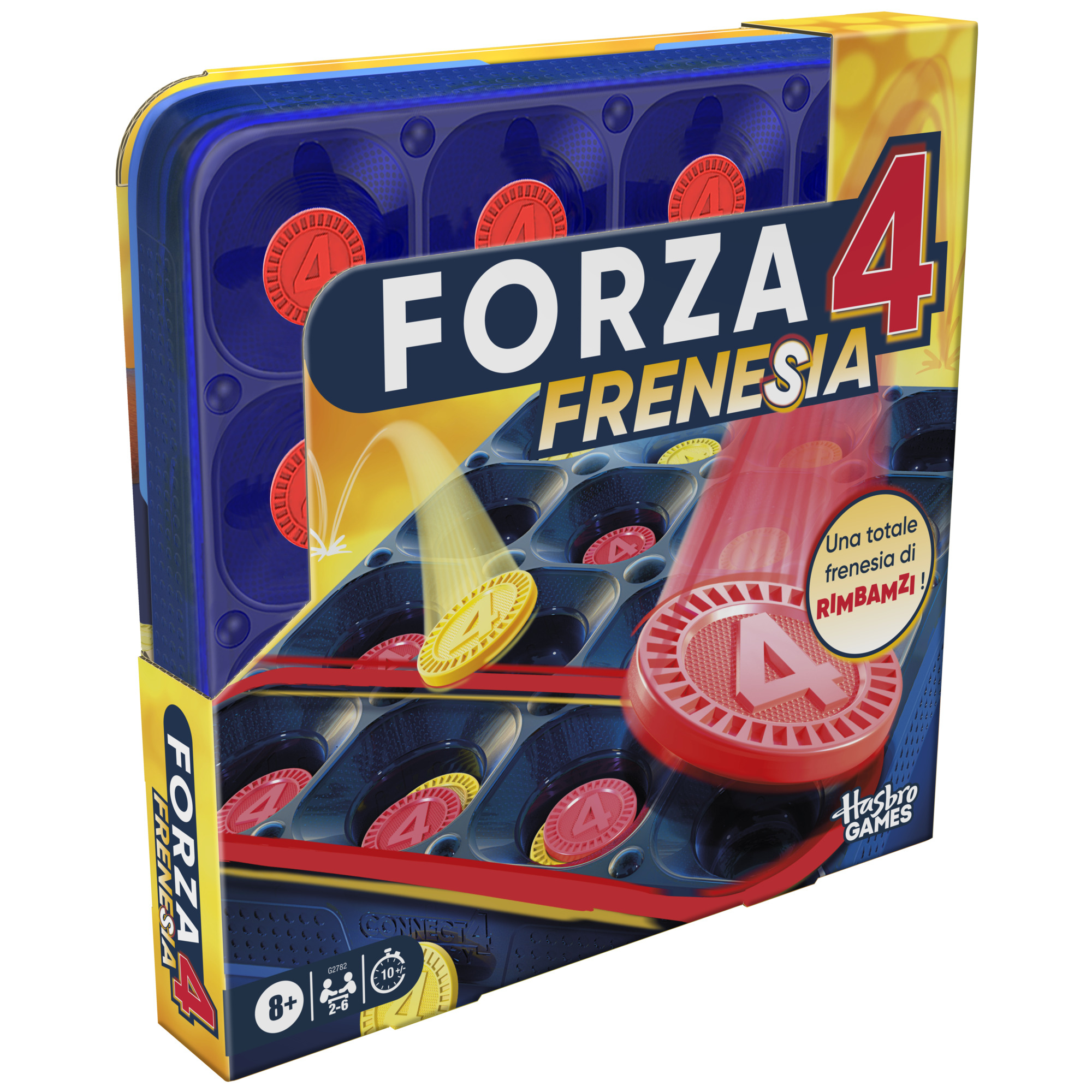 Die Spielbox Forza 4 Frenesia zeigt das Spielbrett mit roten und gelben Spielsteinen. Die Box hat ein blaues und gelbes Design.