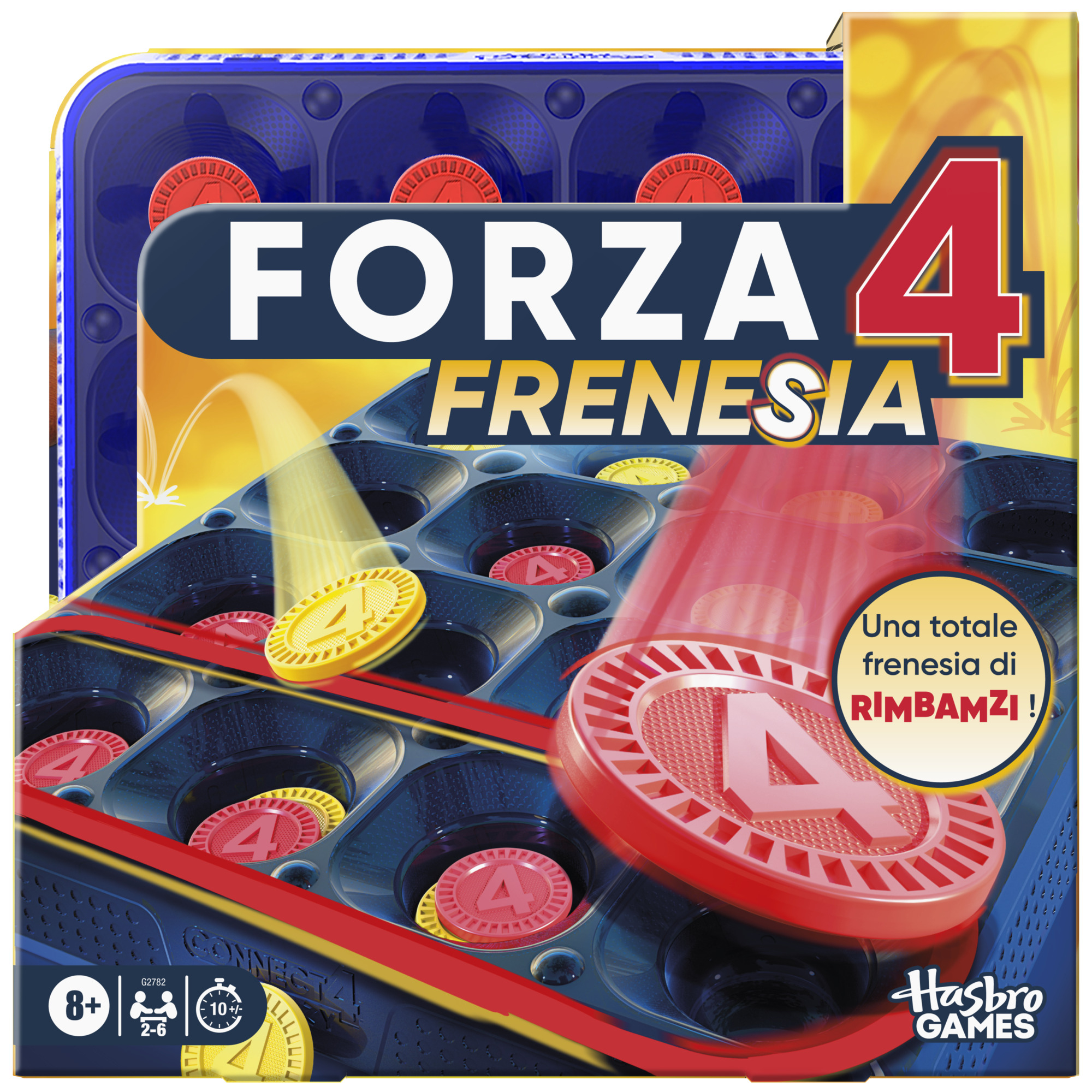 Die Forza 4 Frenesia-Spielbox zeigt das Spielbrett mit roten und gelben Spielsteinen. Die Box ist blau, gelb und rot.