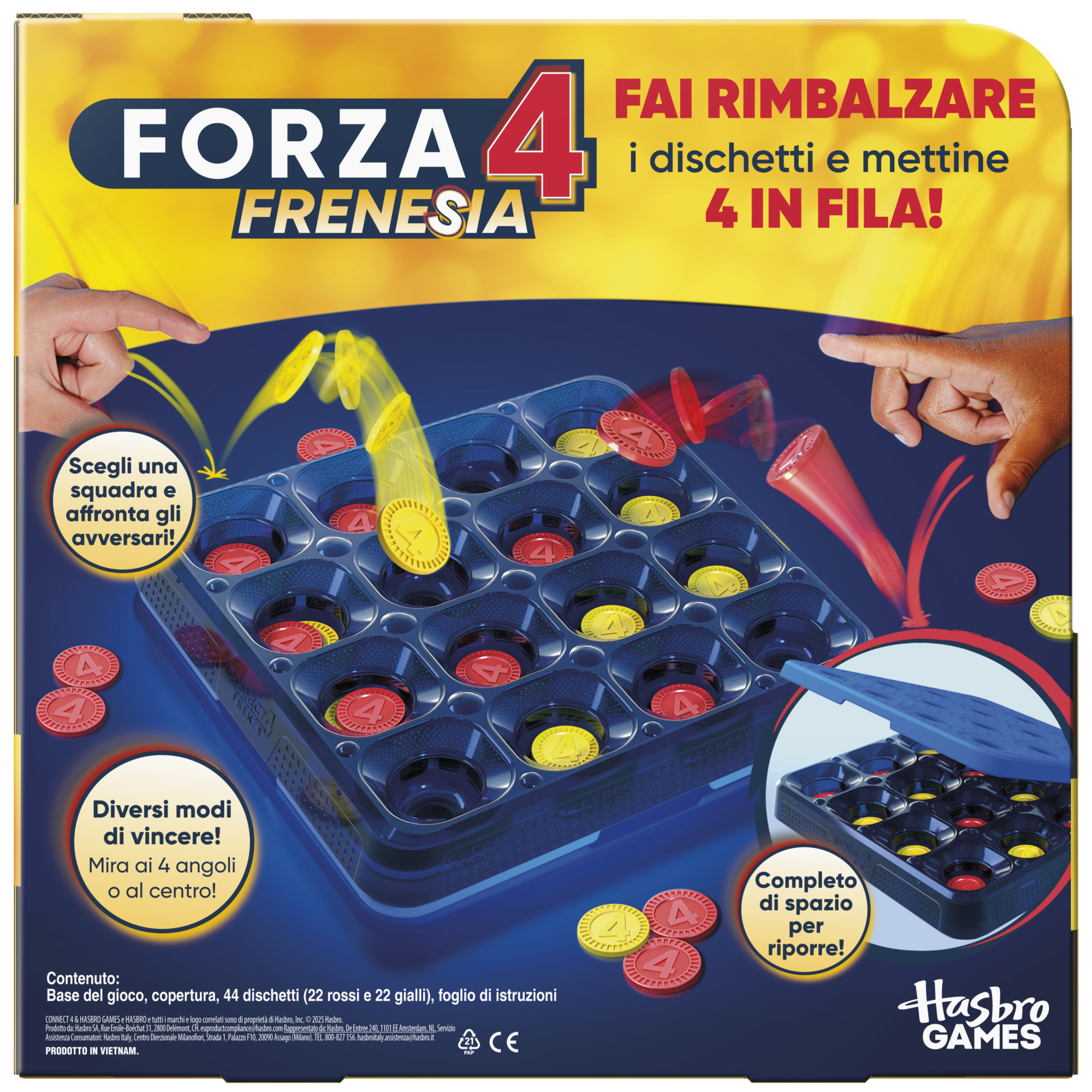 Eine Spielbox mit dem Titel Forza 4 Frenesia. Es zeigt ein Spielbrett mit roten und gelben Spielsteinen.