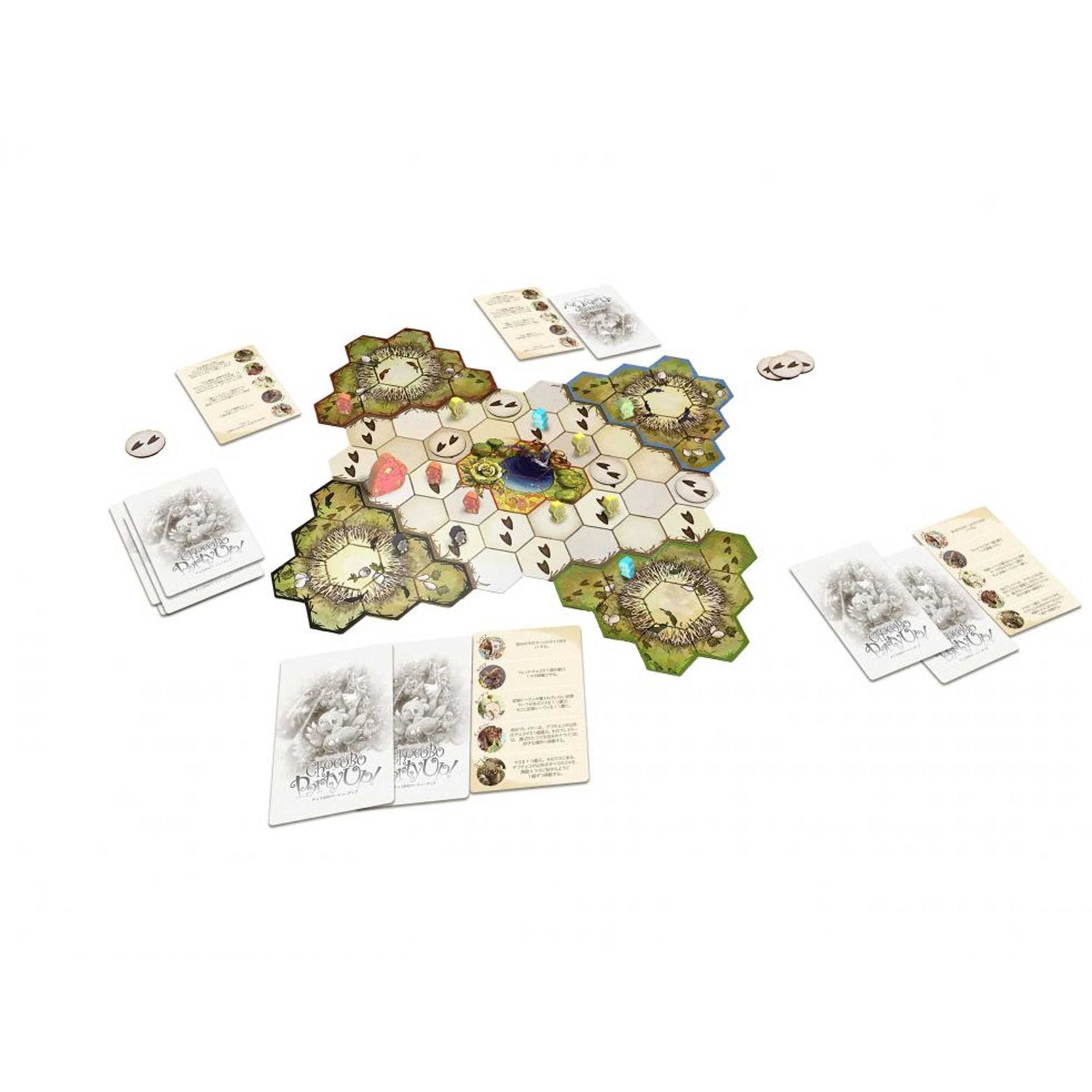 Brettspiel-Setup. Sechseckiges Brett mit Karten, Spielsteinen und anderen Spielteilen. Weißer Hintergrund.