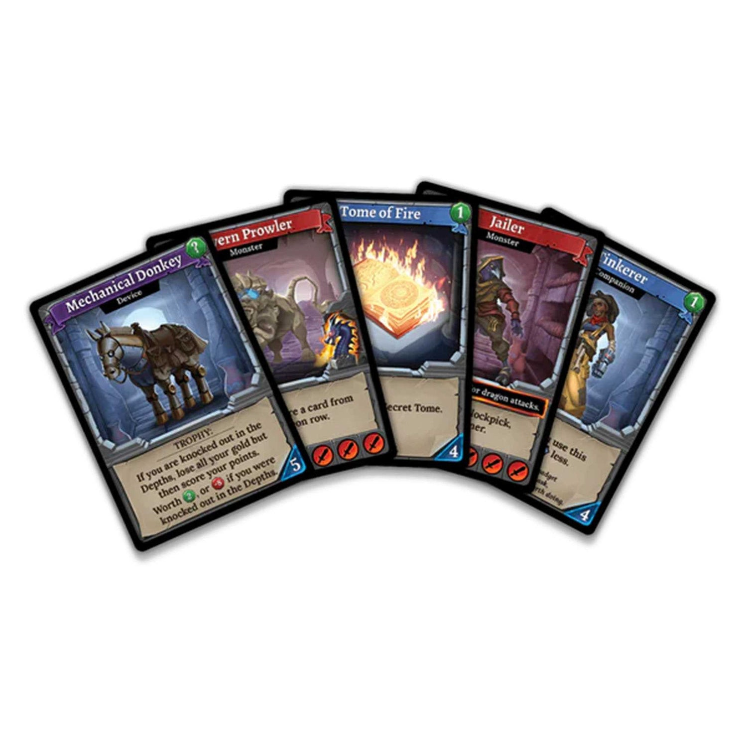 Fünf Fantasy-Spielkarten sind aufgefächert. Jede Karte enthält Fantasy-Kunst und Text. Zu den Titeln gehören Mechanical Donkey, Vern Prowler und Jailer.