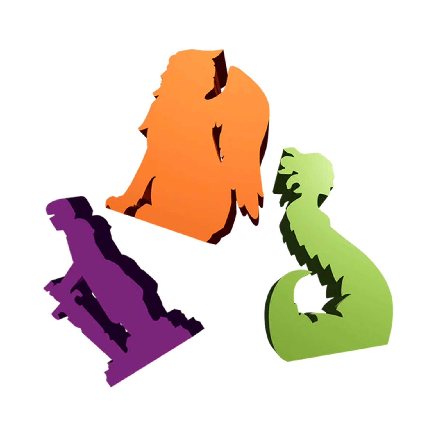 Drei farbige Silhouetten auf weißem Hintergrund: ein orangefarbener Engel, eine grüne Katze und eine lila Figur.