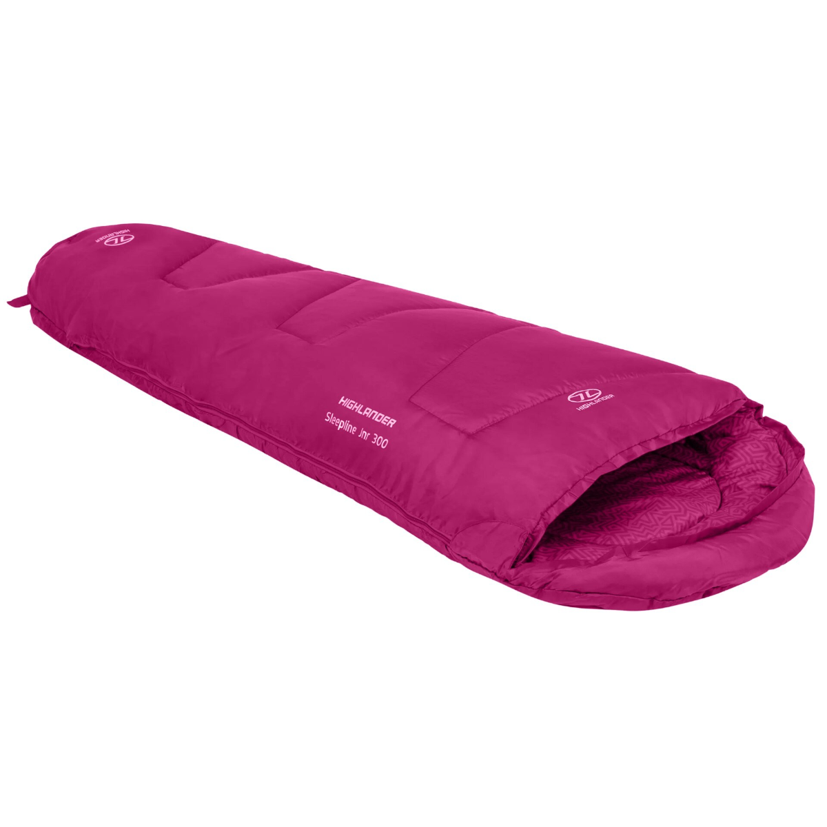 Ein magentafarbener Schlafsack ist am Ende offen. Die Marke ist Highlander, Modell Sleepline Jnr 300. Die Innenseite hat ein gemustertes Gewebe.