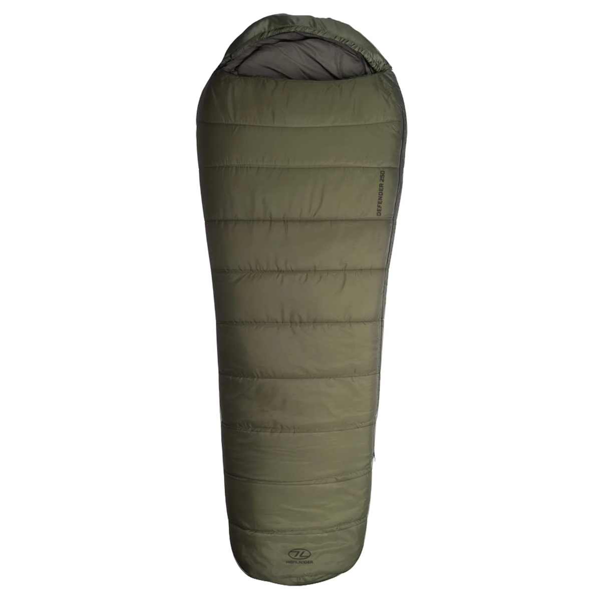Ein olivgrüner Schlafsack auf weißem Hintergrund. Zylindrisch mit Kapuze. Text 'DEFENDER 250' an der Seite.