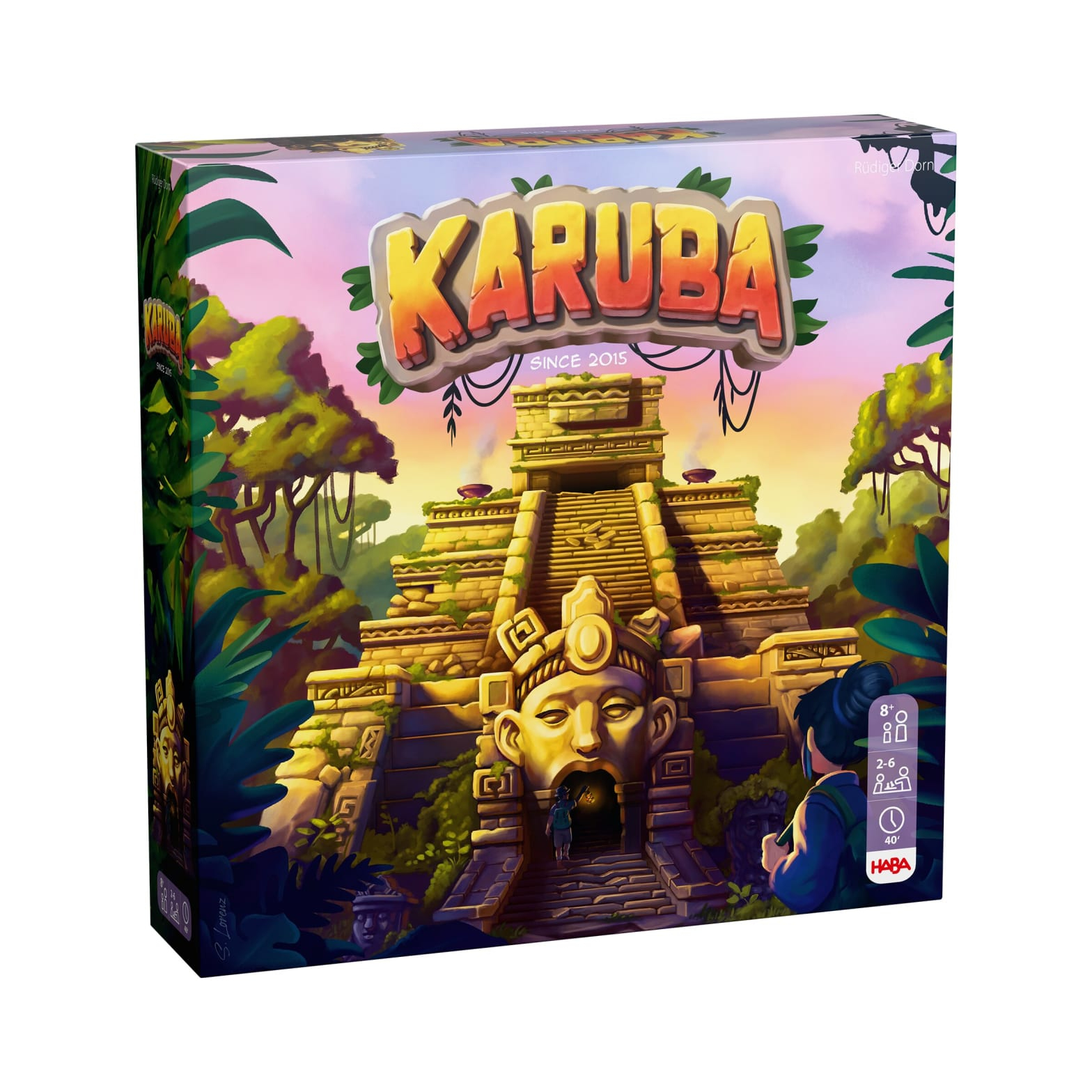 Die Karuba-Brettspielbox zeigt eine Tempelillustration mit einer Person, die eintritt. Der Titel ist KARUBA, und der Hintergrund ist Dschungel.