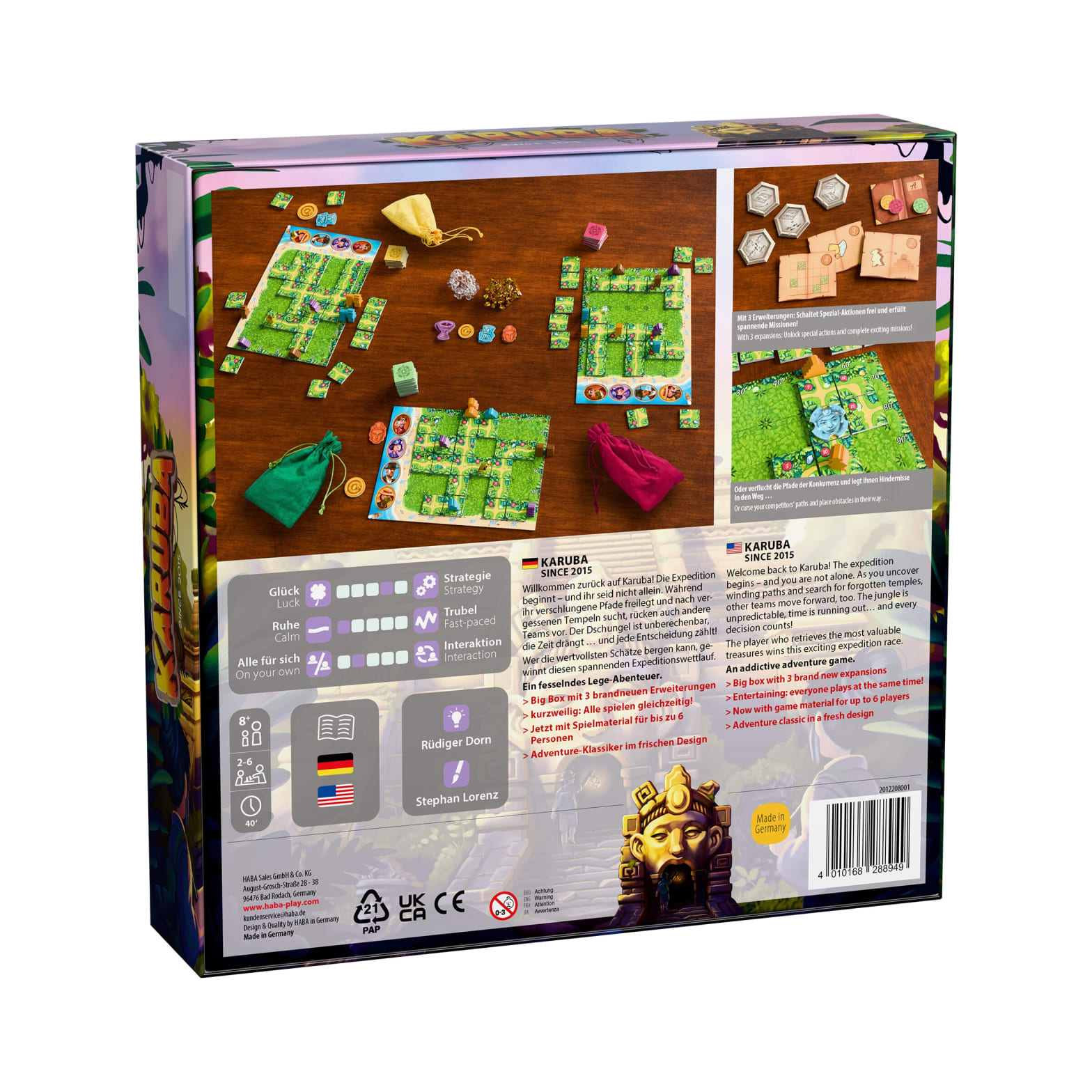 Brettspielbox mit Spielsteinen. Grüne und braune Farben. Text auf Englisch und Deutsch. Enthält Spielbrett.