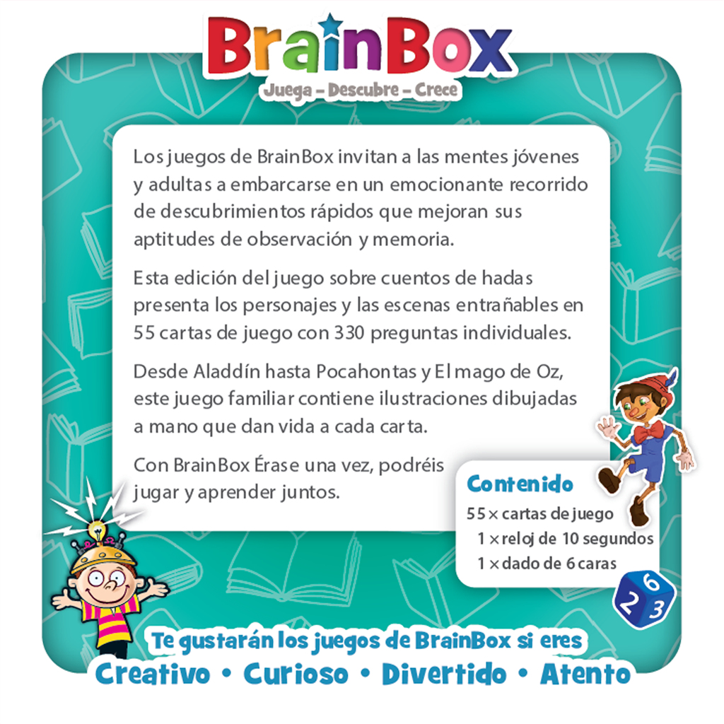 Caja de juego BrainBox con texto y personajes de dibujos animados. Incluye cartas, un temporizador y un dado.
