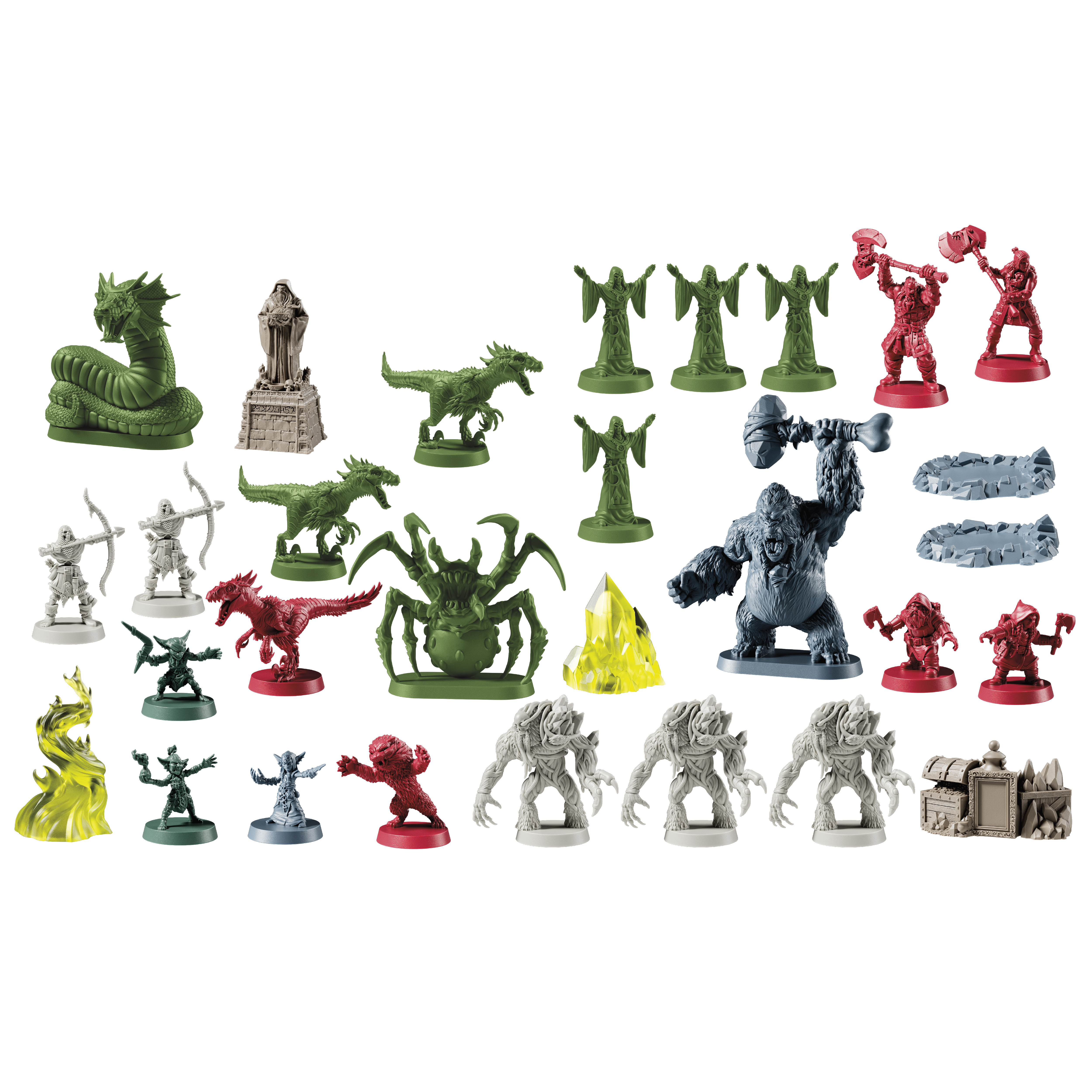 Sammlung von Fantasy-Spielfiguren. Enthält Monster, Krieger und Geländeteile. Verschiedene Farben und Posen werden gezeigt.