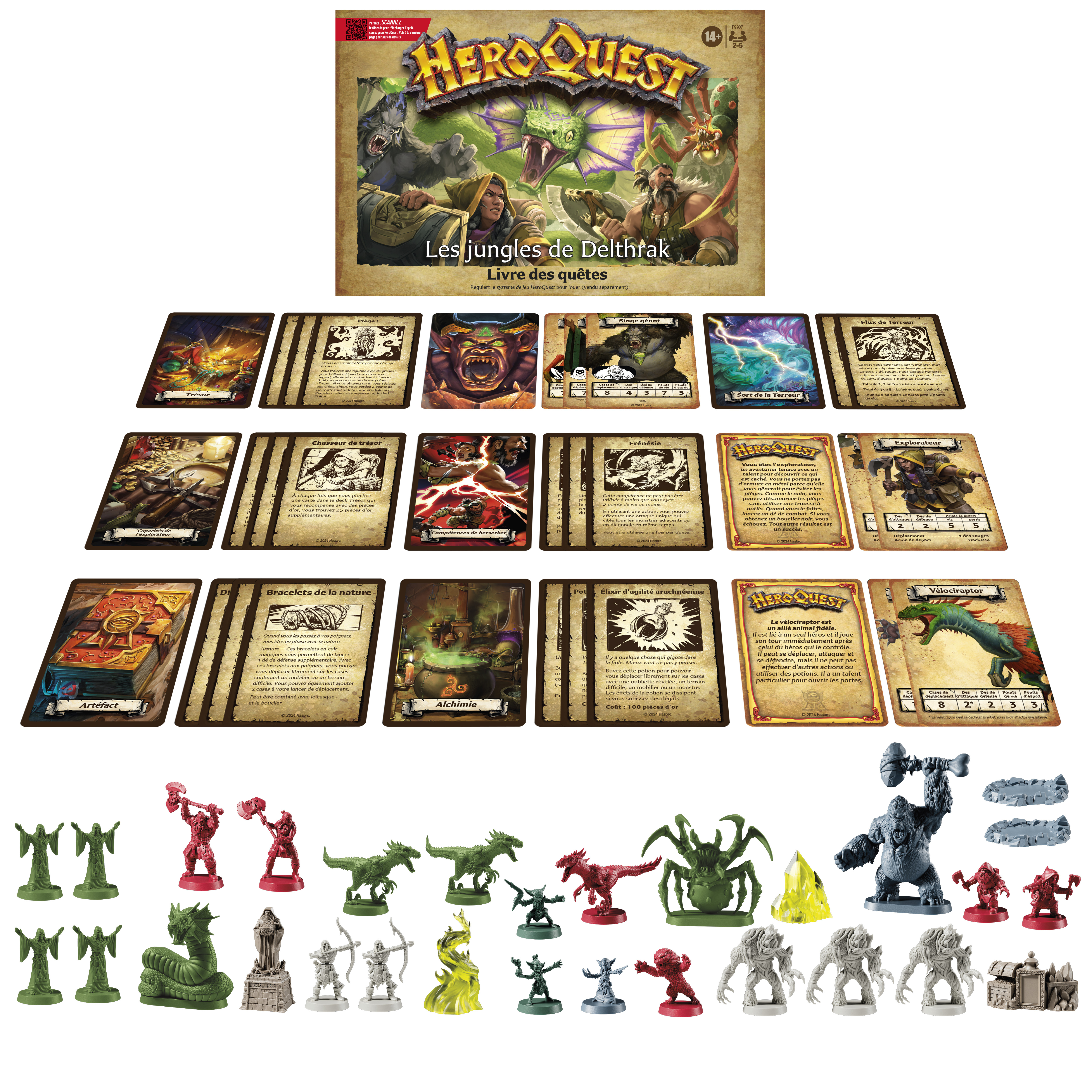 Brettspiel HeroQuest mit Karten, Figuren und Box-Art, die Fantasy-Charaktere und Kreaturen zeigt.