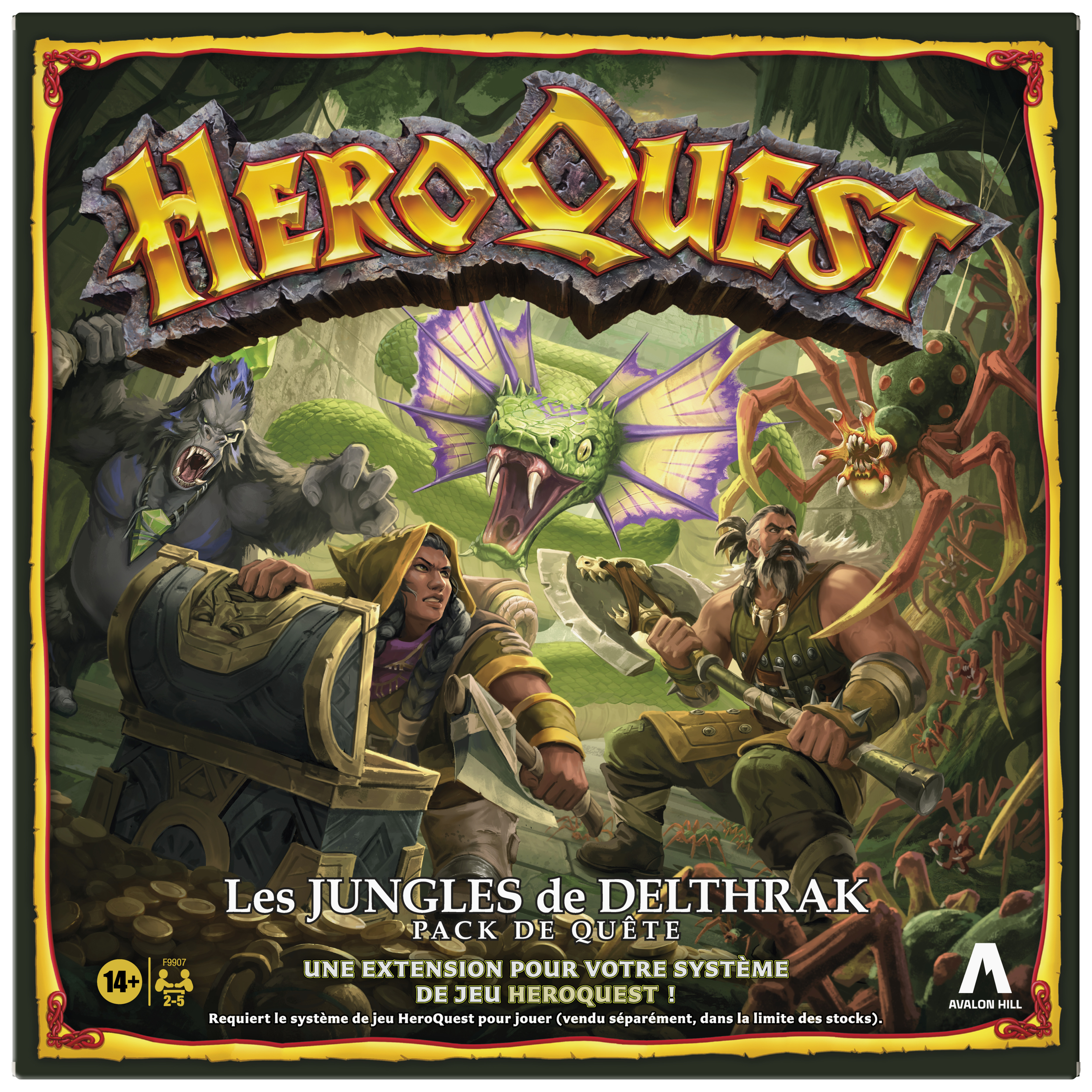 Schachtelkunst für HeroQuest, mit Charakteren, die Monster in einem Dschungel bekämpfen. Der Titel ist deutlich sichtbar.