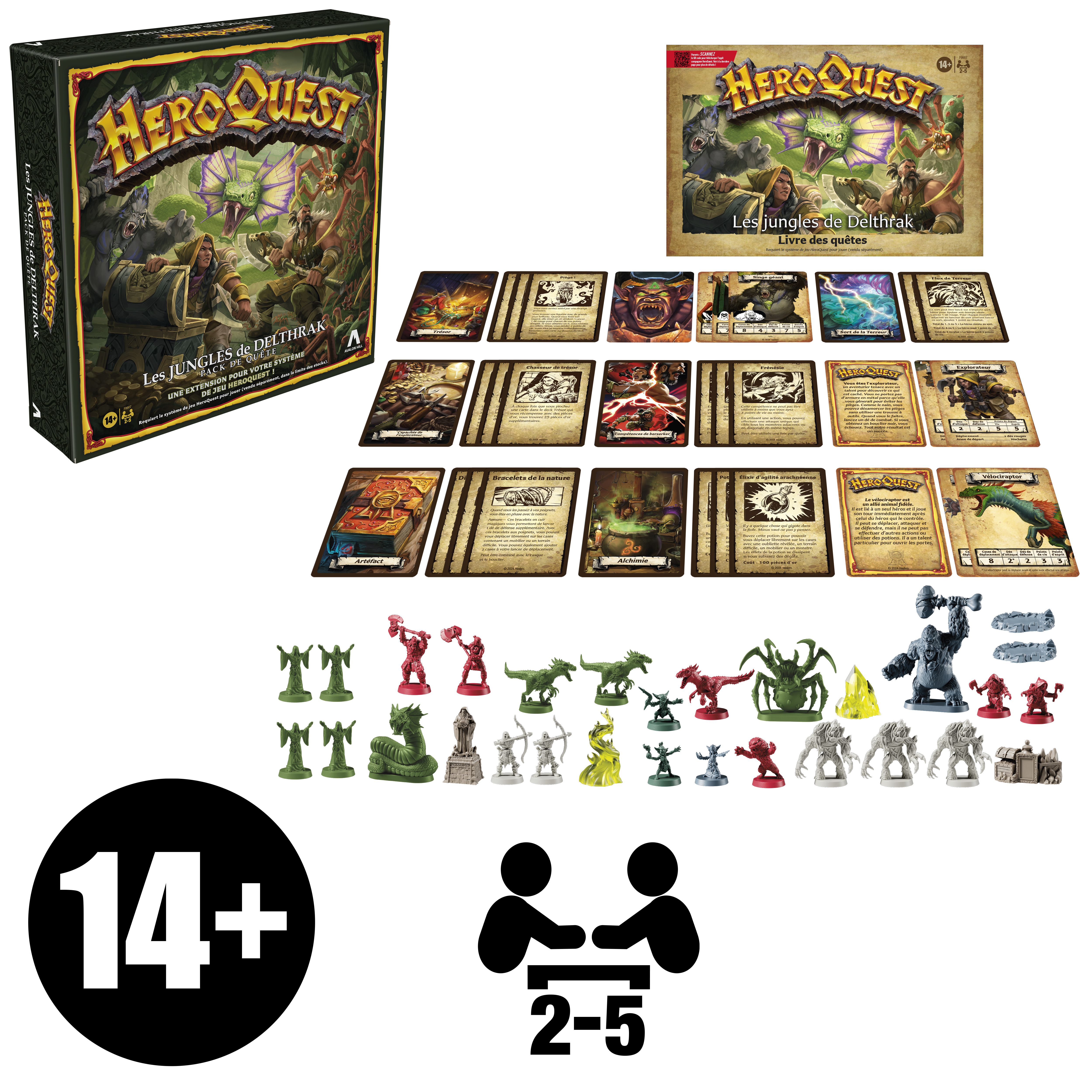 Box-Brettspiel mit Spielsteinen, Karten und Figuren. Enthält ein schwarzes 14+-Symbol und ein 2-5 Spieler-Symbol.